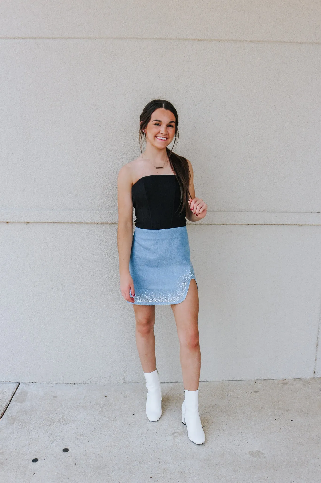 Got That Feeling Light Denim Rhinestone Skirt