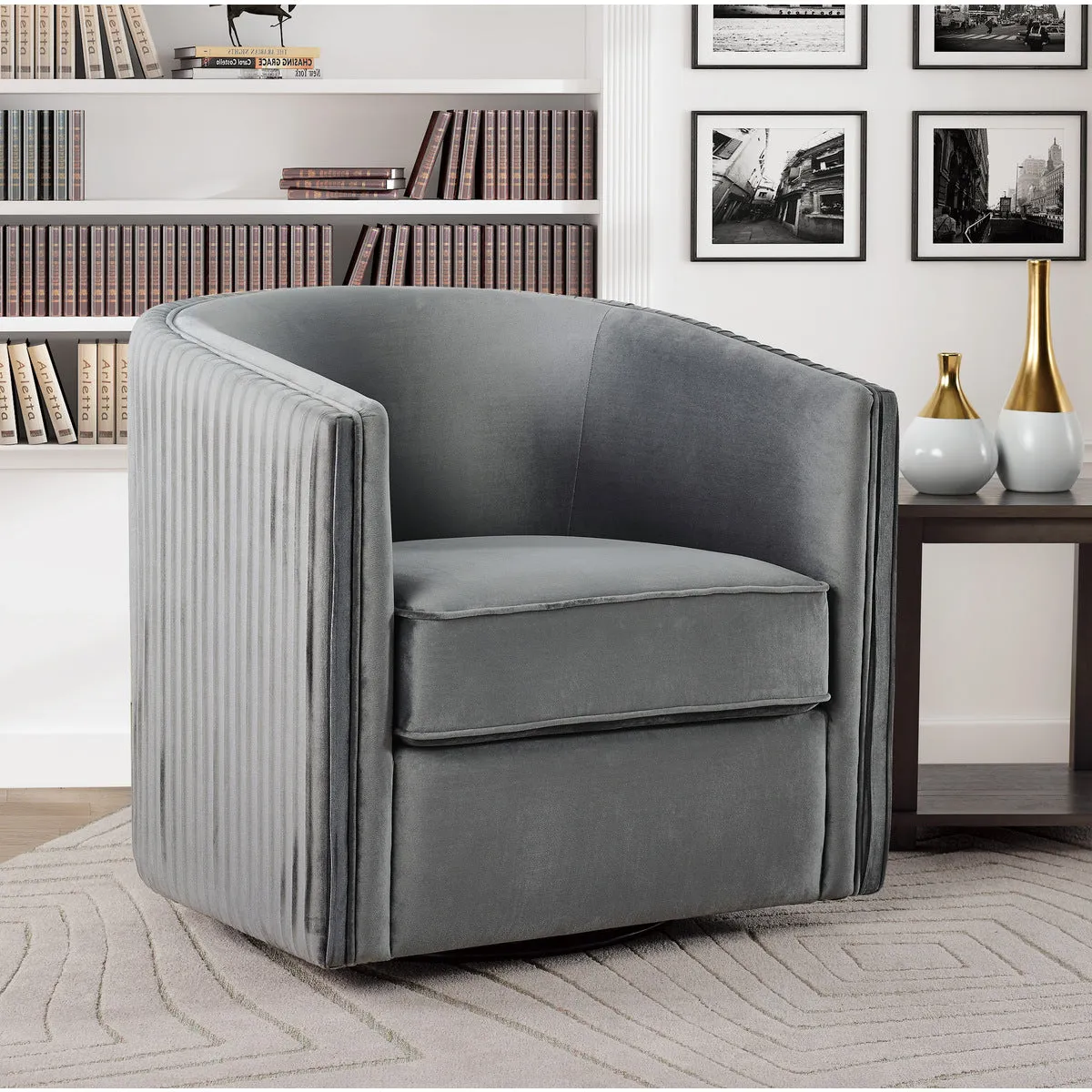 Gray Velvet Swivel Chair - 360° Rotation, No Assembly Needed, Solid Frame, 300lbs Capacity