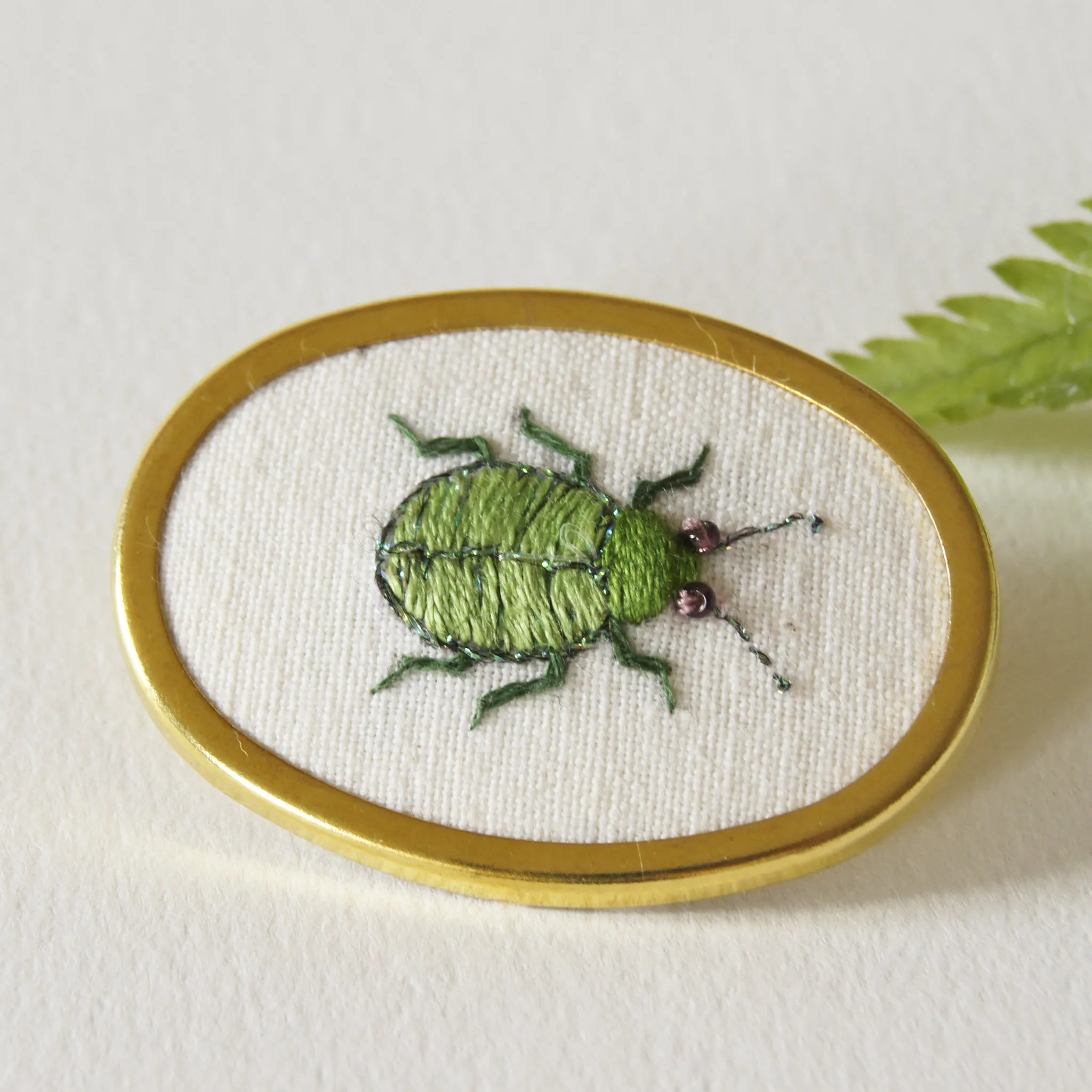 Green Leaf Beetle brooch pin hand embroidered entomology jewelry