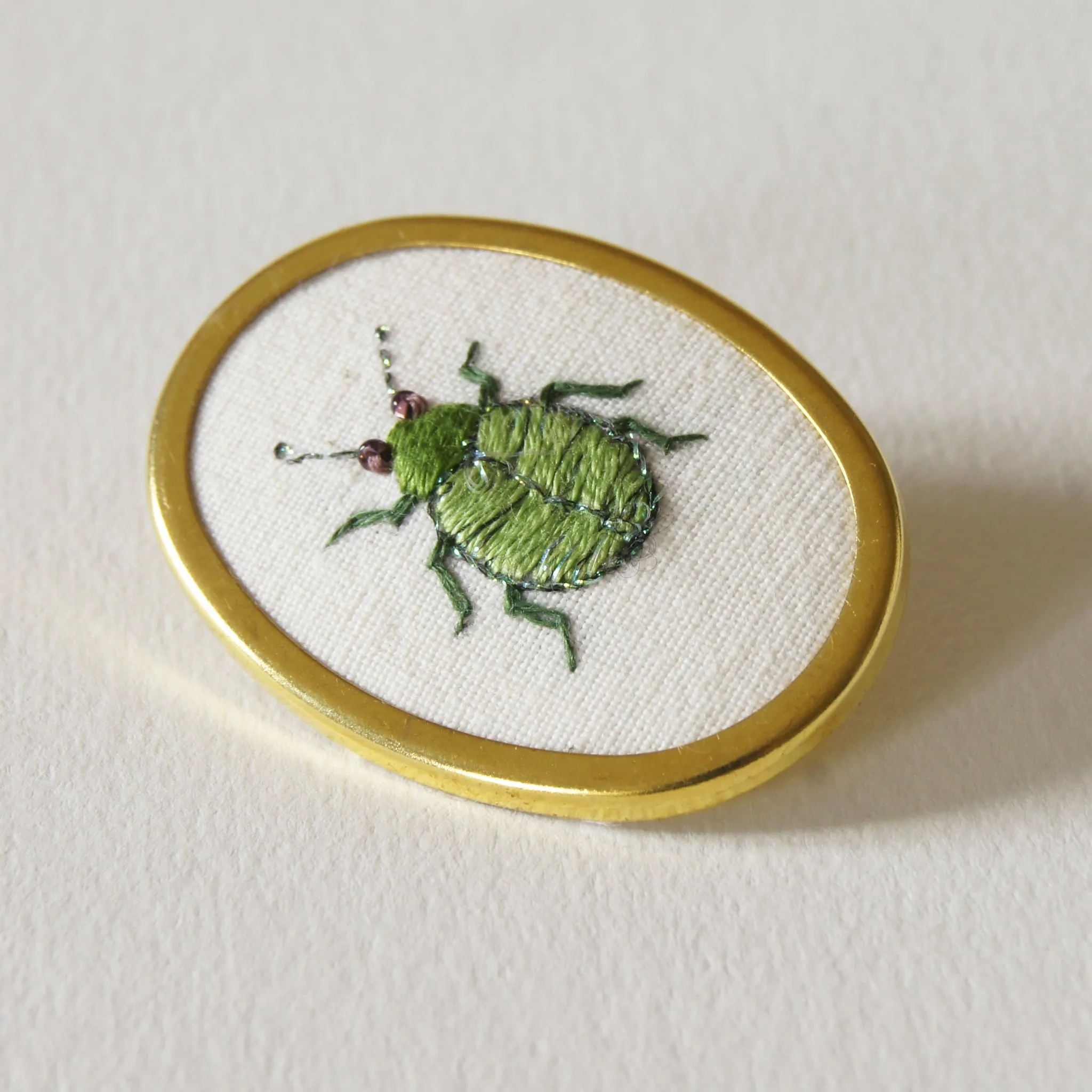 Green Leaf Beetle brooch pin hand embroidered entomology jewelry