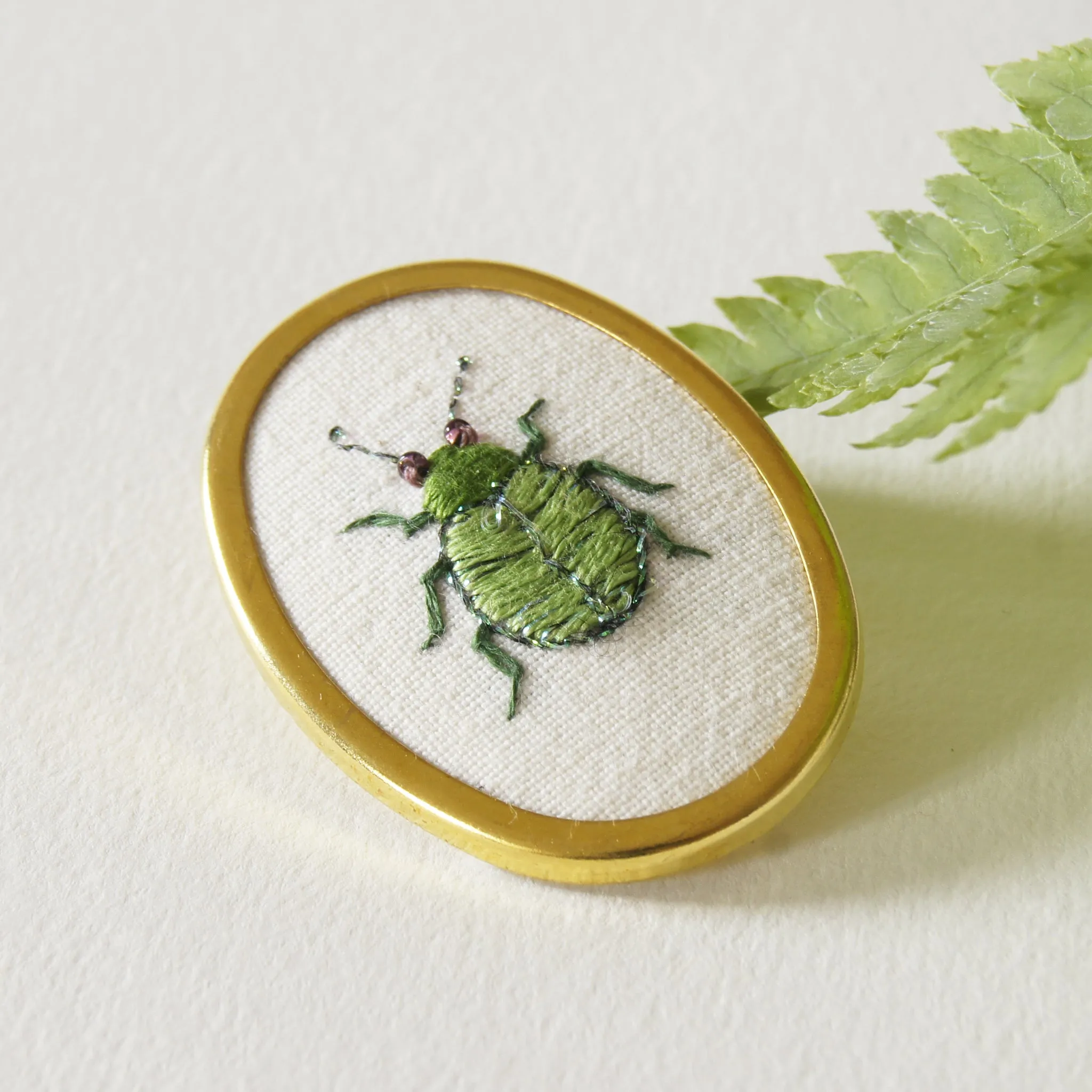 Green Leaf Beetle brooch pin hand embroidered entomology jewelry