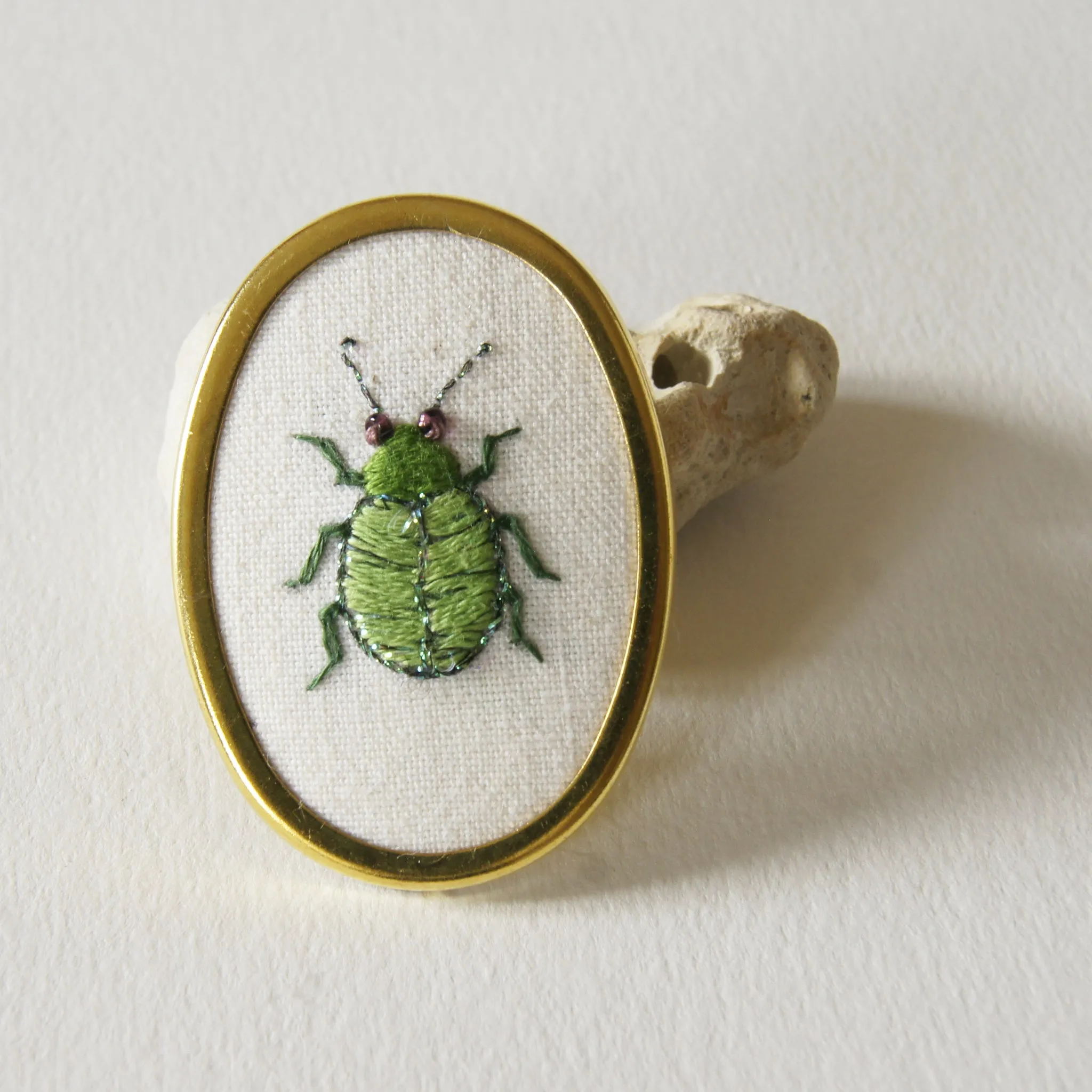 Green Leaf Beetle brooch pin hand embroidered entomology jewelry