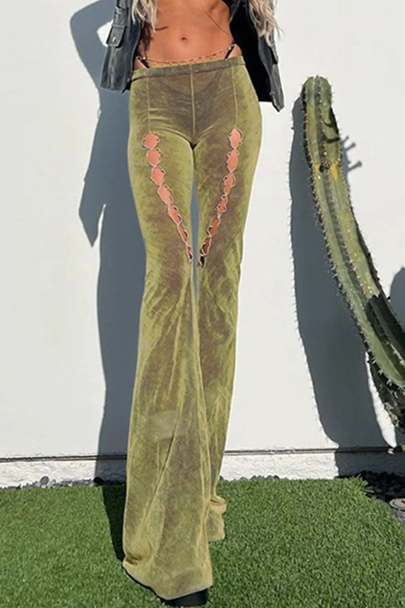 Green Low-waisted Cutout Flares Long Pants