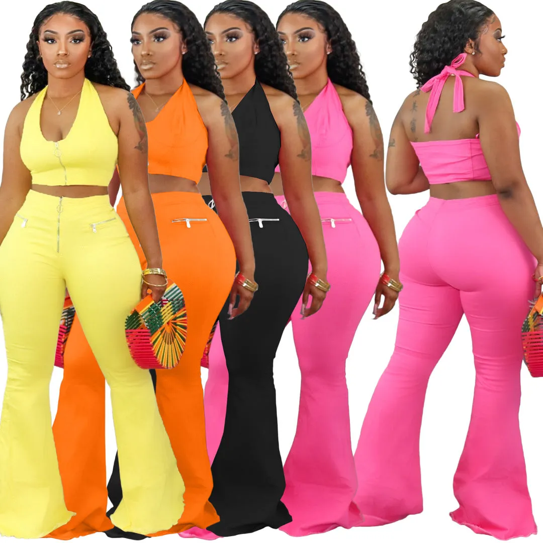 Halter two piece crop tops wide leg pants