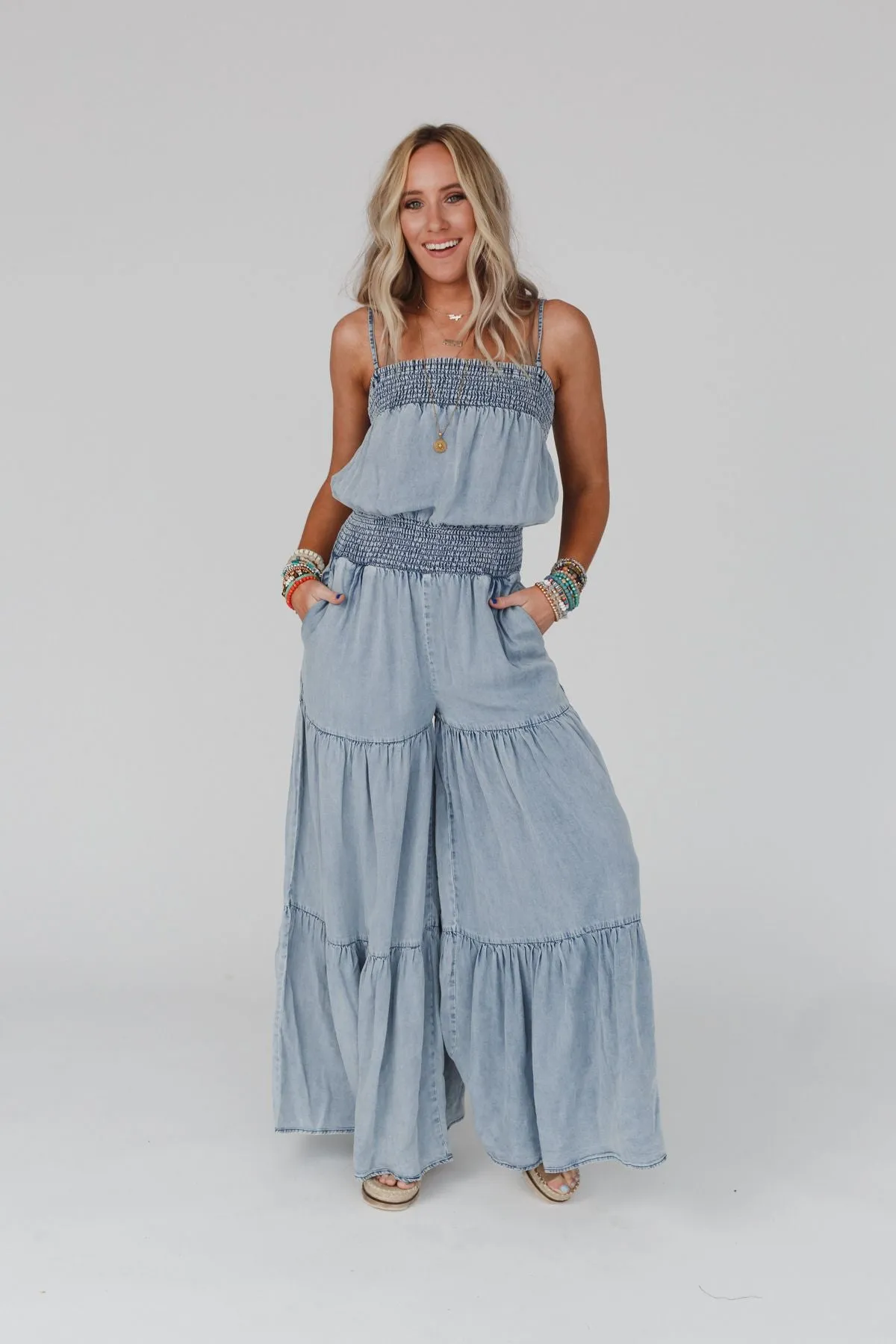 Harlow Wide Leg Chambray Jumpsuit - Blue