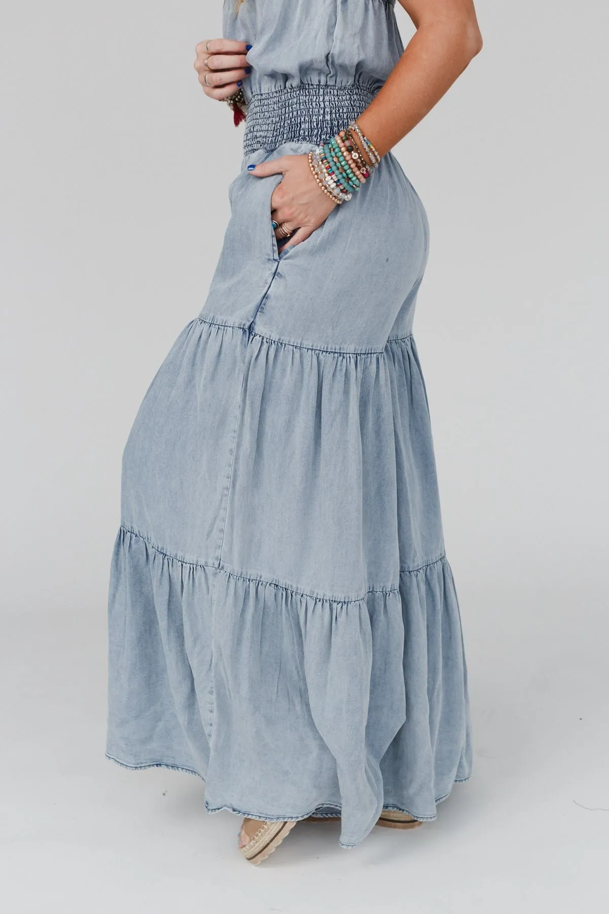 Harlow Wide Leg Chambray Jumpsuit - Blue