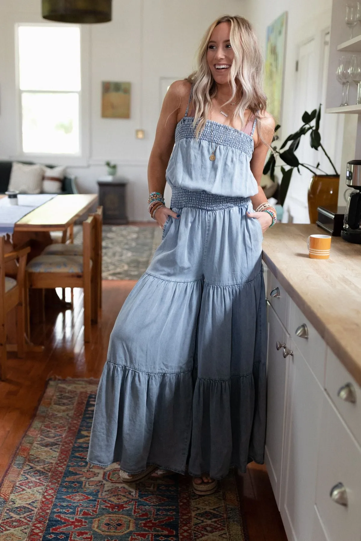 Harlow Wide Leg Chambray Jumpsuit - Blue