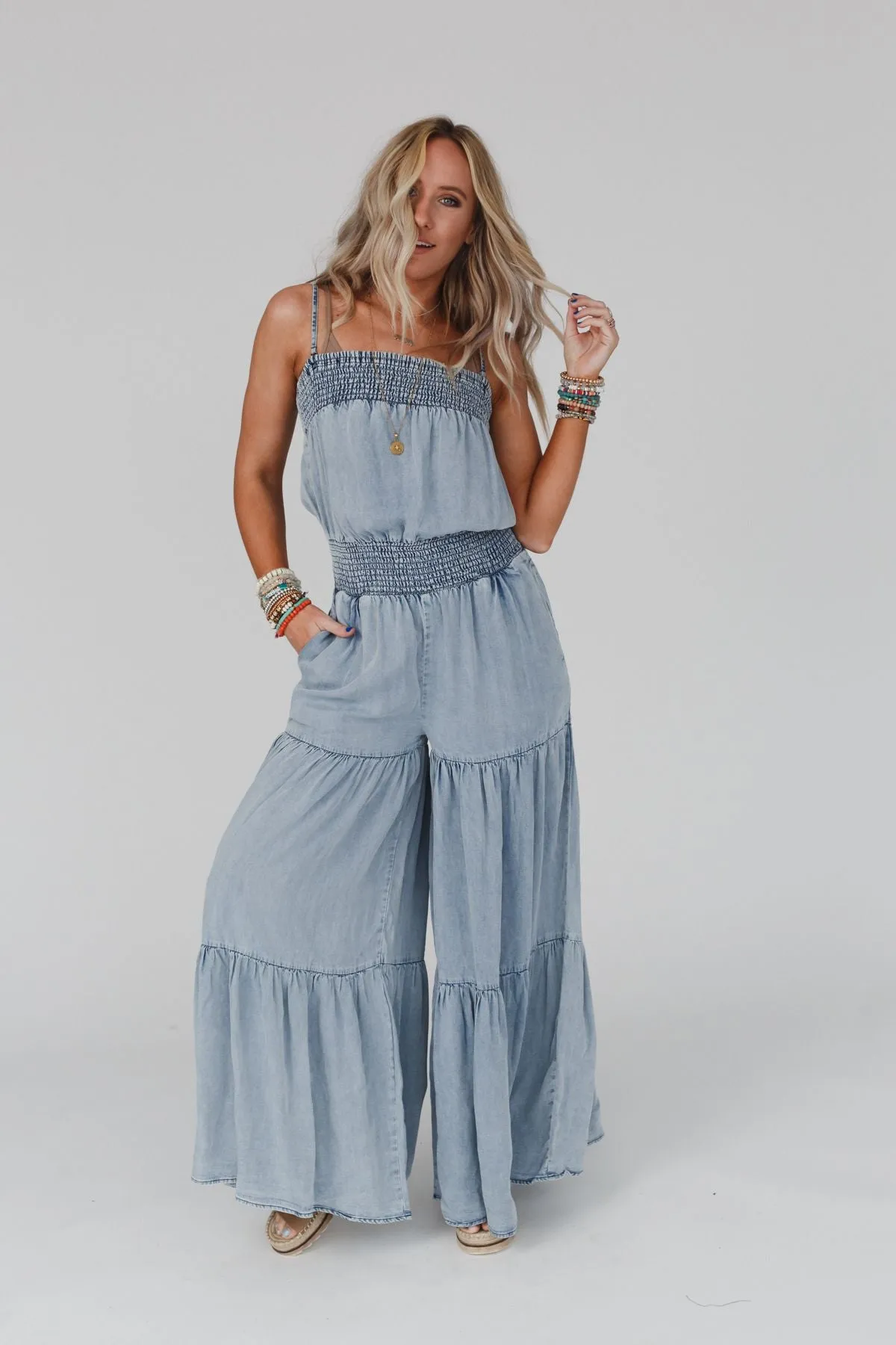 Harlow Wide Leg Chambray Jumpsuit - Blue