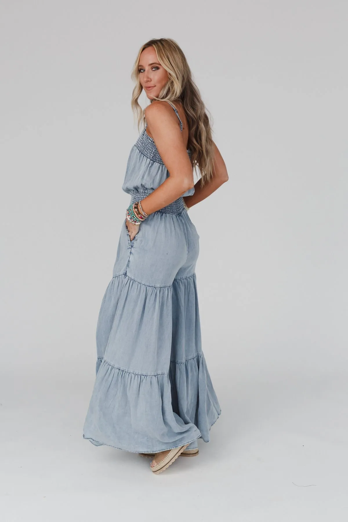 Harlow Wide Leg Chambray Jumpsuit - Blue