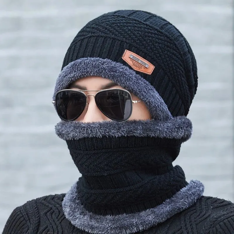 Hat Men's Autumn And Winter Wool Knitted Pullover Hat Fleece-lined Thickened Hat Scarf Two-piece Knitted Hat Wholesale