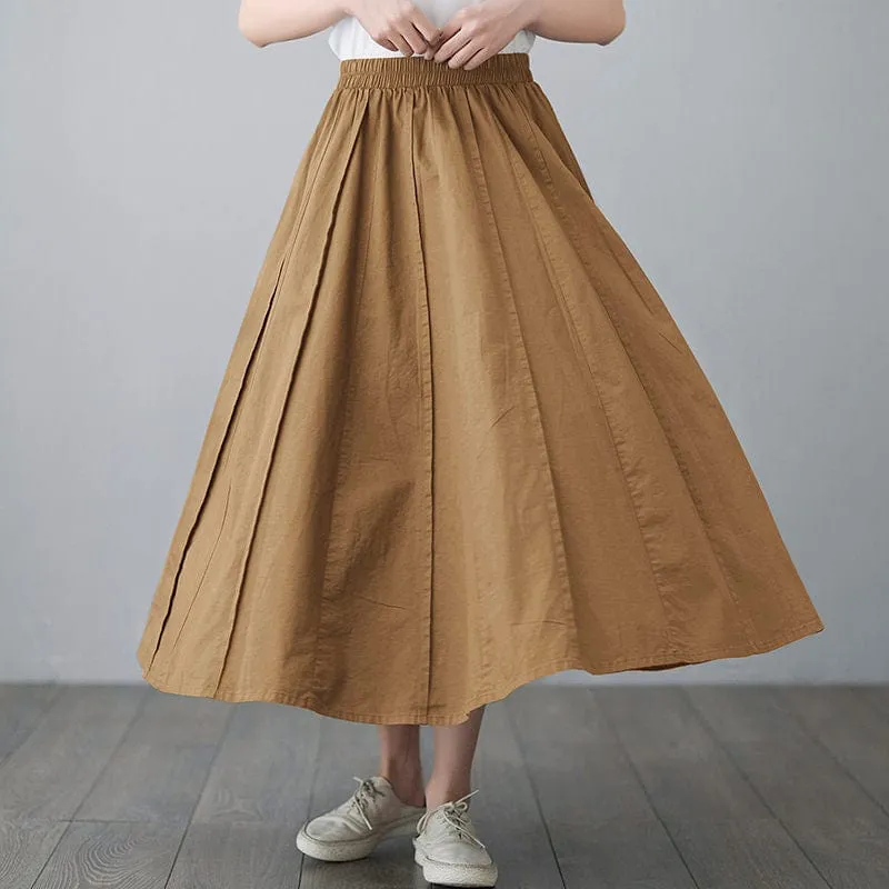 High Waist Cotton Linen Pleated Skirt