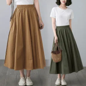 High Waist Cotton Linen Pleated Skirt