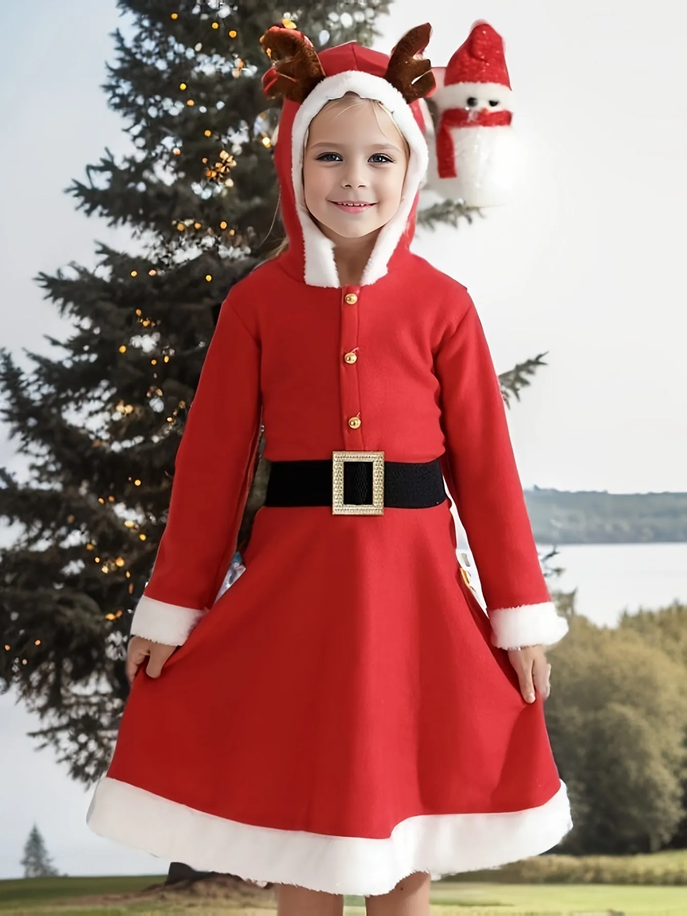 Holiday Festive Hooded Christmas Dress Costume for Adults with Reindeer Antlers - Long Sleeve, Pleated, Polyester, Belted Party Dress with Solid Color and Slight Stretch - Fall/Winter Season Apparel