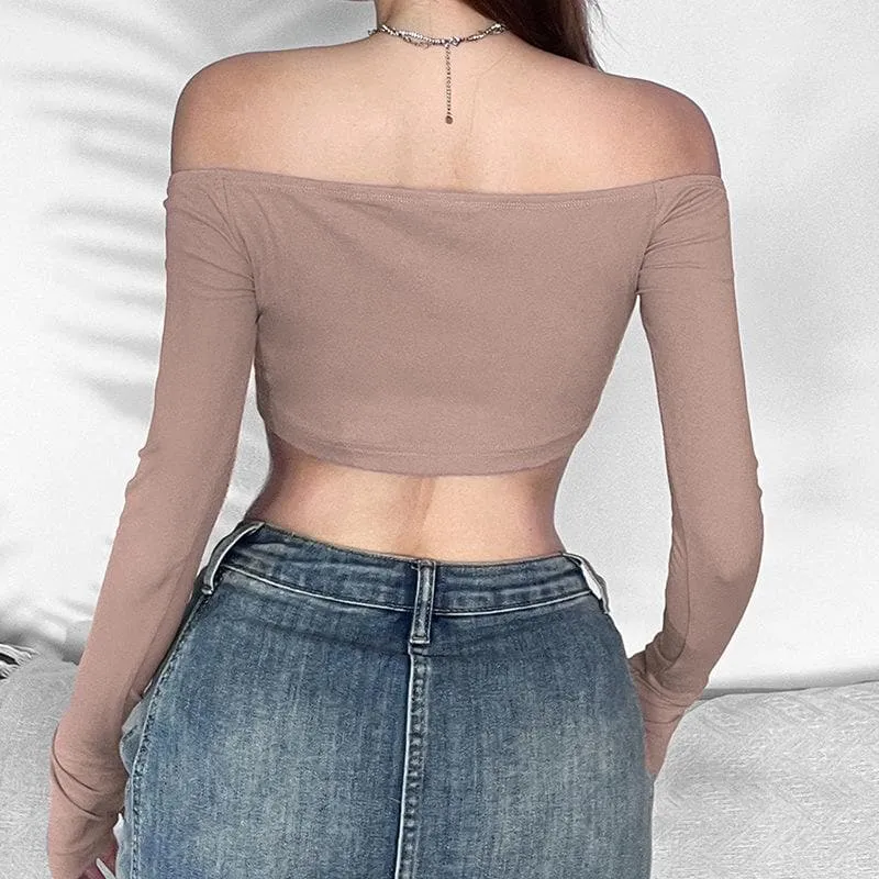 Hollow out off shoulder gloves long sleeve solid crop cut out top