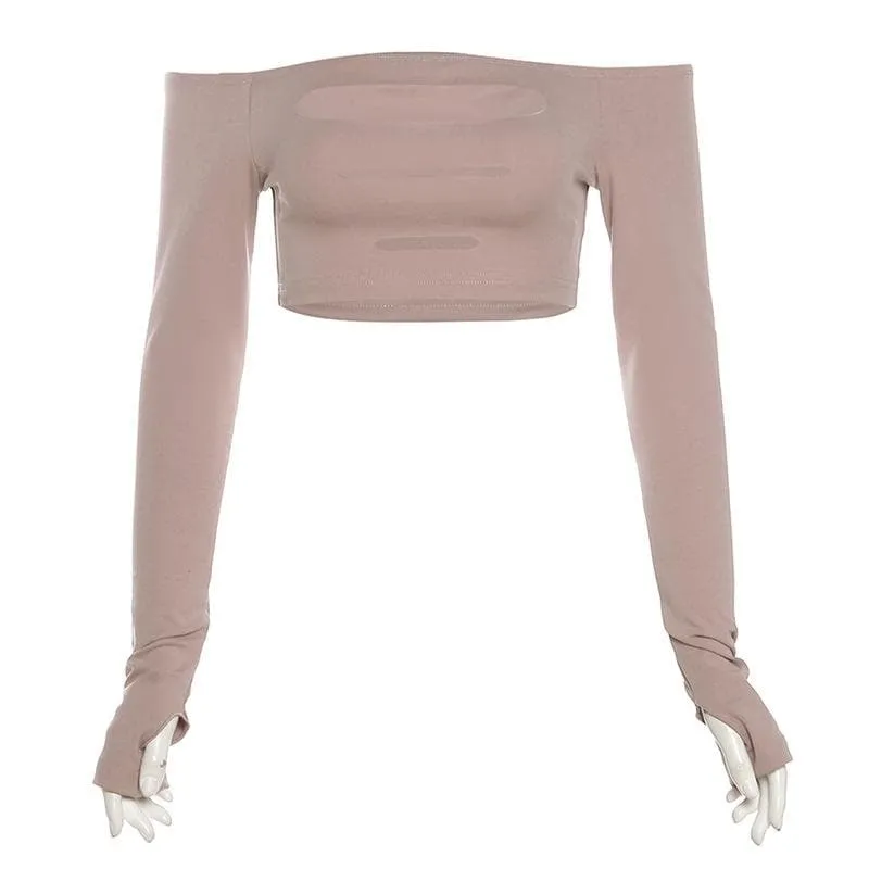 Hollow out off shoulder gloves long sleeve solid crop cut out top