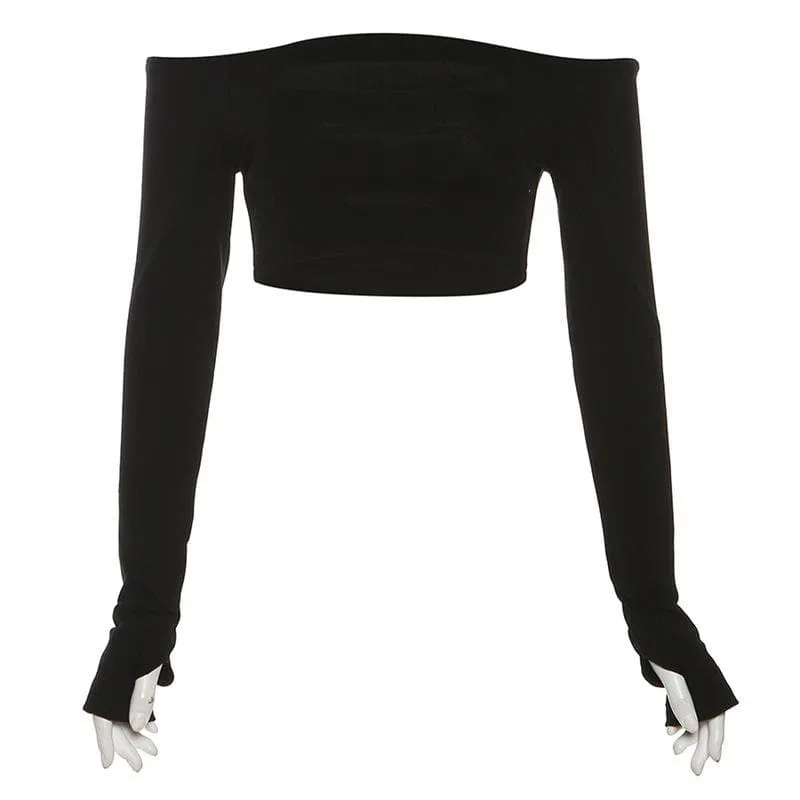 Hollow out off shoulder gloves long sleeve solid crop cut out top