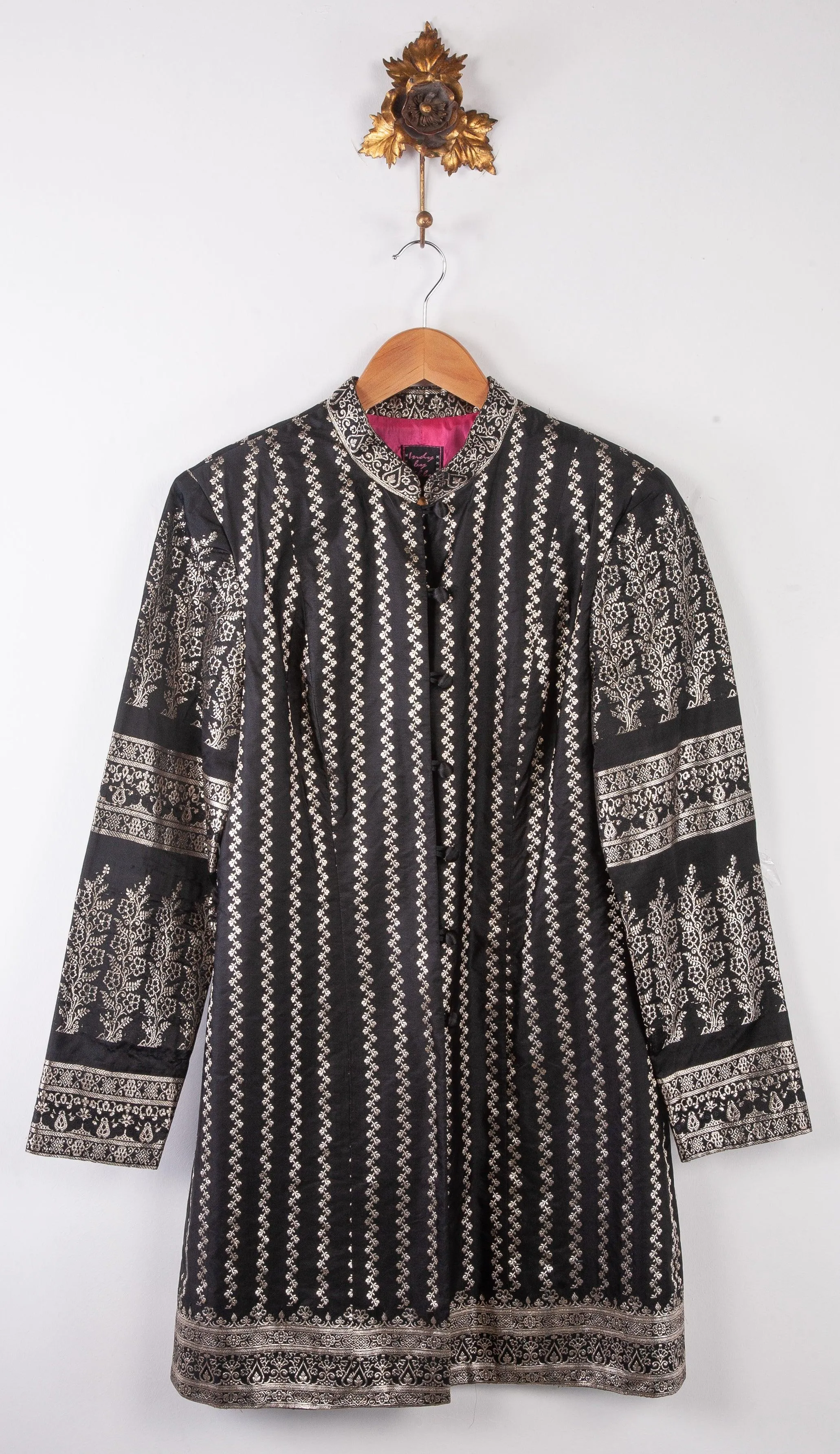 Indy By Libby Coat Raw Silk Black and Silver Embroidery UK 12