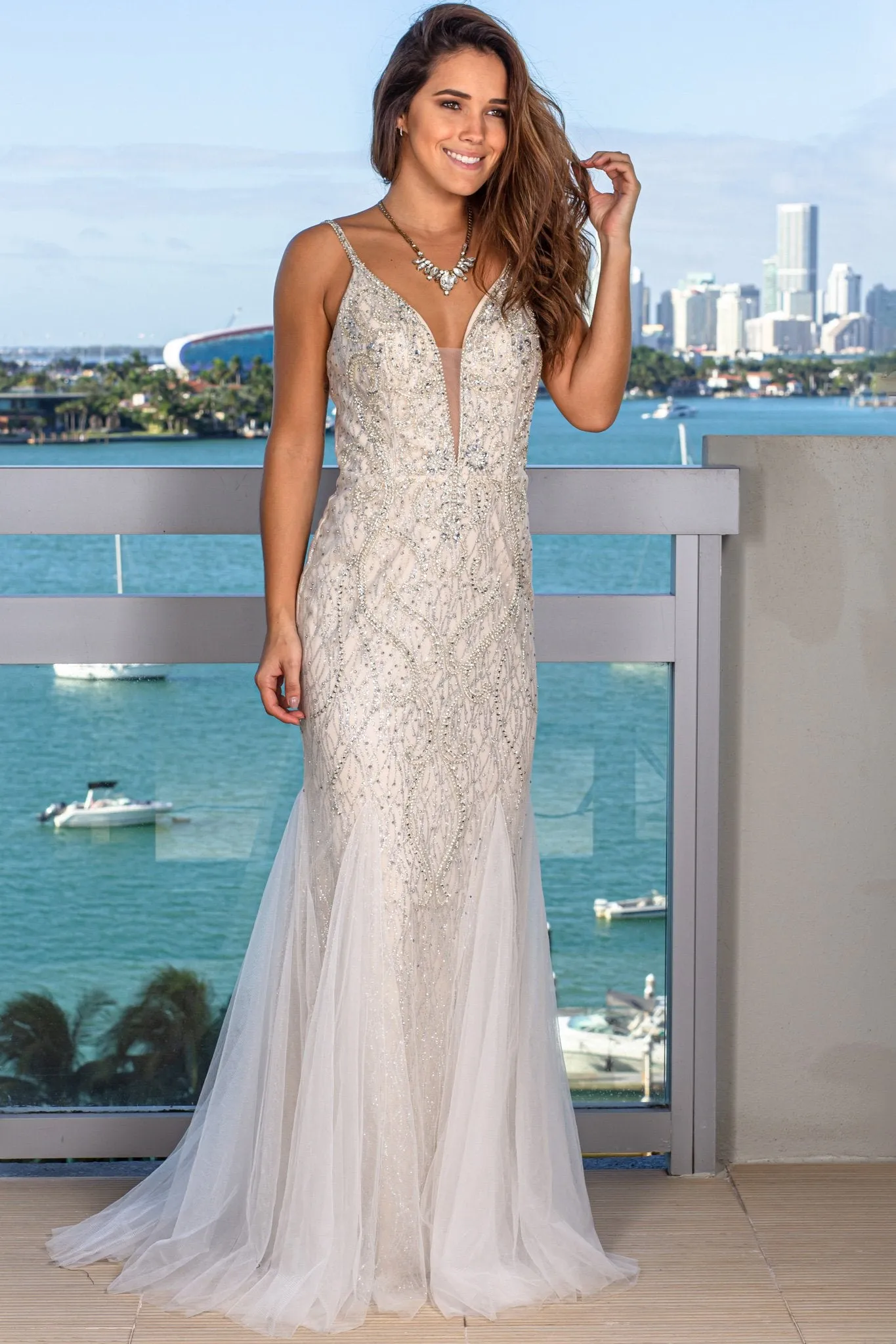 Ivory Maxi Dress with Silver Beading