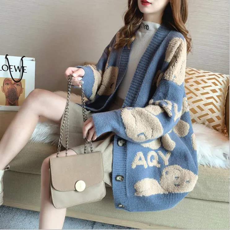 Joskaa Autumn Women’s Sweater Cardigan Bear Letter Pattern Cute Loose Knitted Coat Button Down Long Sleeve V Neck Ladies Cardigan