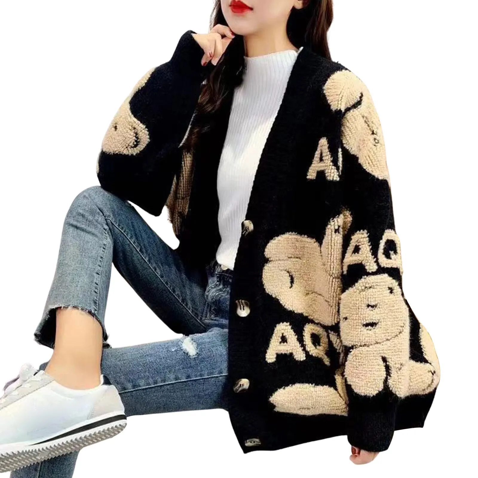 Joskaa Autumn Women’s Sweater Cardigan Bear Letter Pattern Cute Loose Knitted Coat Button Down Long Sleeve V Neck Ladies Cardigan