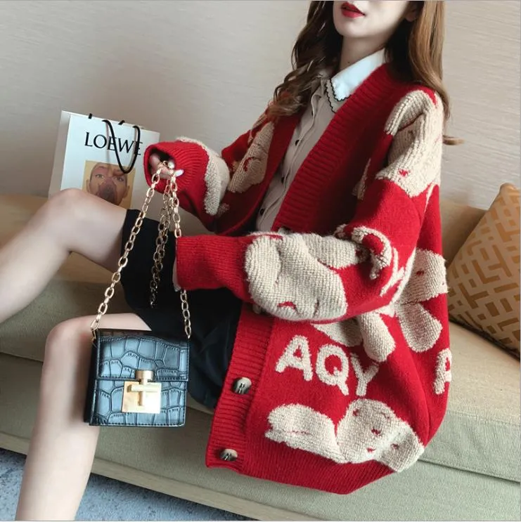 Joskaa Autumn Women’s Sweater Cardigan Bear Letter Pattern Cute Loose Knitted Coat Button Down Long Sleeve V Neck Ladies Cardigan