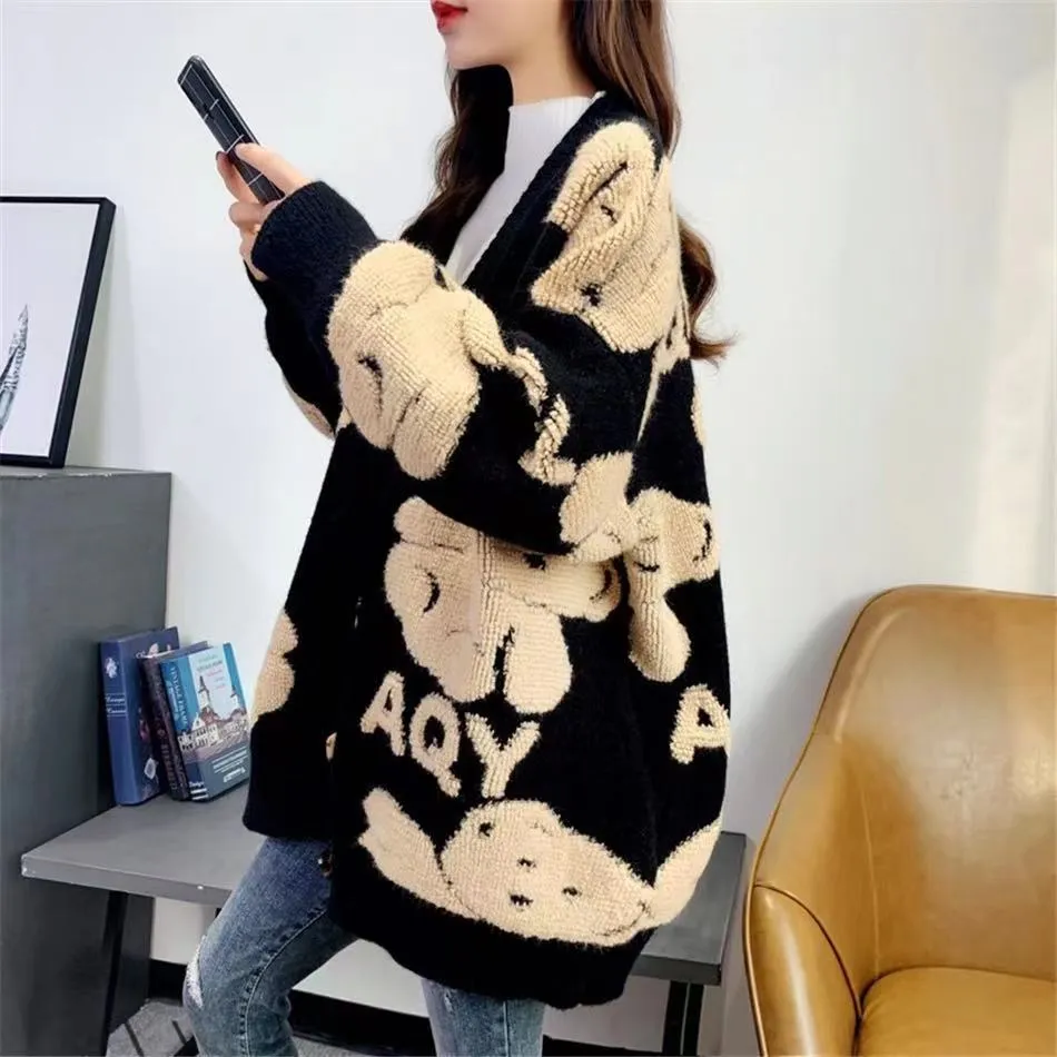 Joskaa Autumn Women’s Sweater Cardigan Bear Letter Pattern Cute Loose Knitted Coat Button Down Long Sleeve V Neck Ladies Cardigan