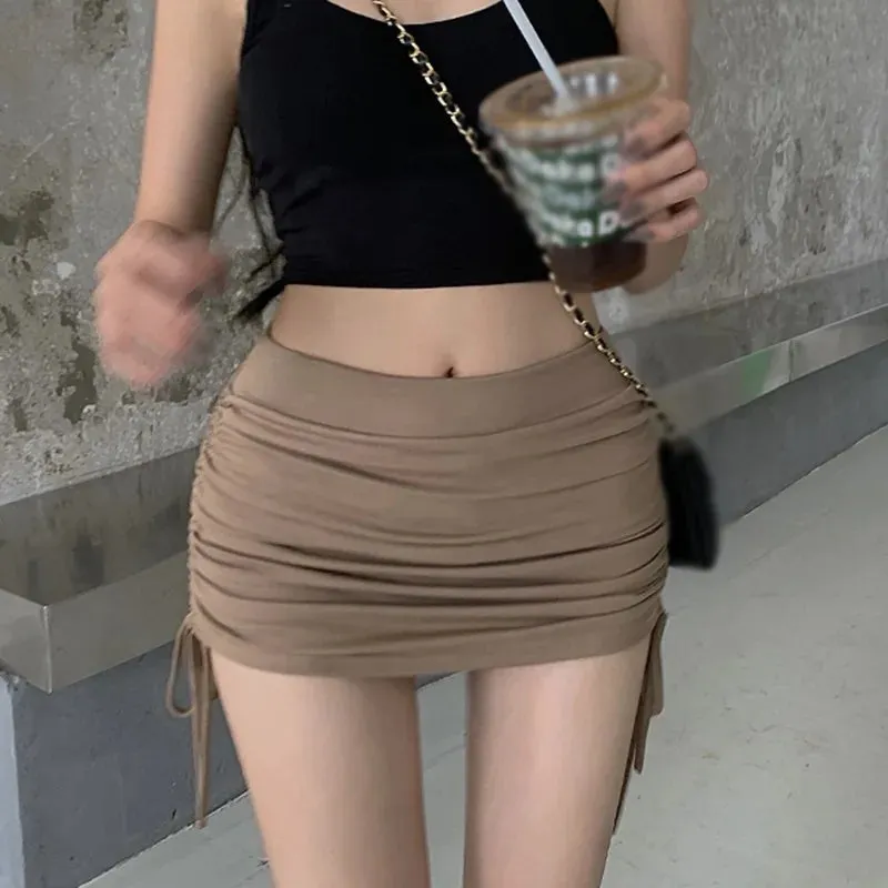 Joskaa-Summer New Temperament Drawstring Pleated Skirt Female Anti-glare Bag Hip Short Skirt High Waist Skirt