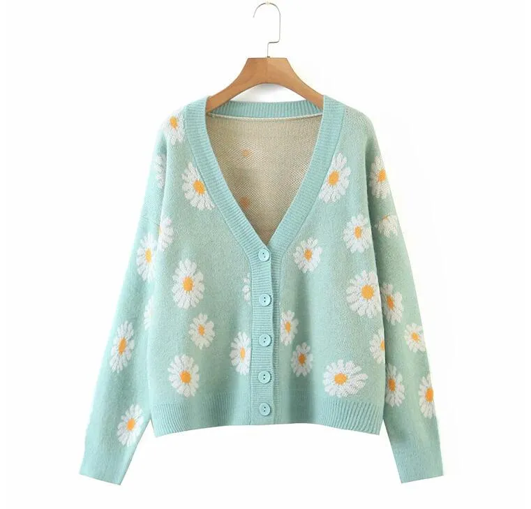 Joskaa Sweet Button Down Sweater Cardigan Women Loose Knit Coat Autumn Spring Casual Lady Long Sleeve V Neck Floral Outerwear Sweater