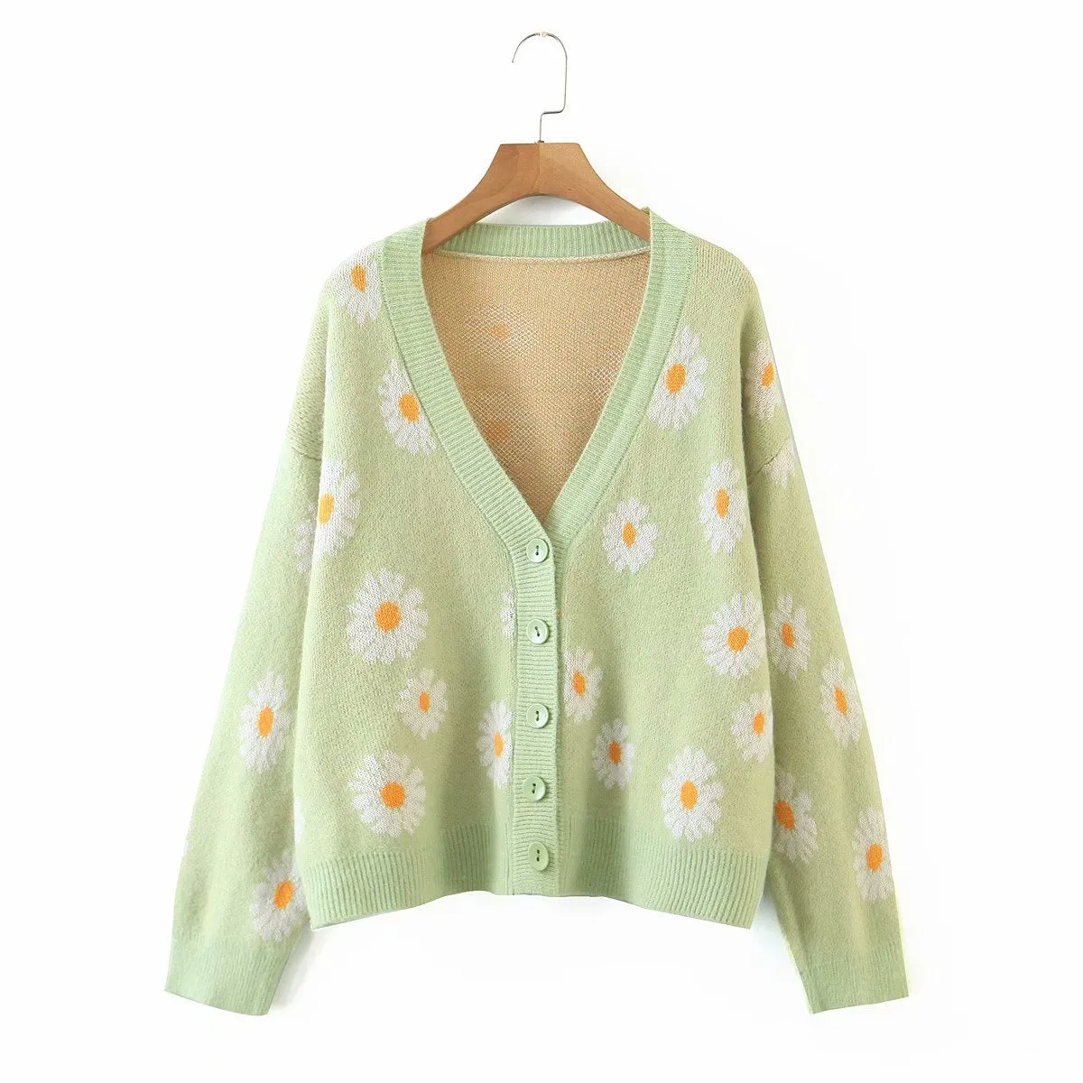 Joskaa Sweet Button Down Sweater Cardigan Women Loose Knit Coat Autumn Spring Casual Lady Long Sleeve V Neck Floral Outerwear Sweater