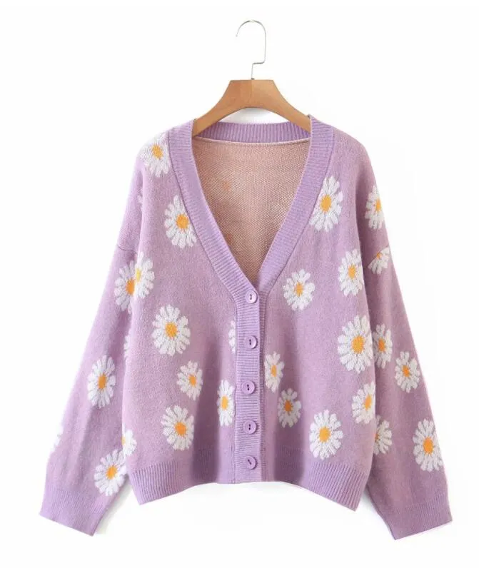 Joskaa Sweet Button Down Sweater Cardigan Women Loose Knit Coat Autumn Spring Casual Lady Long Sleeve V Neck Floral Outerwear Sweater