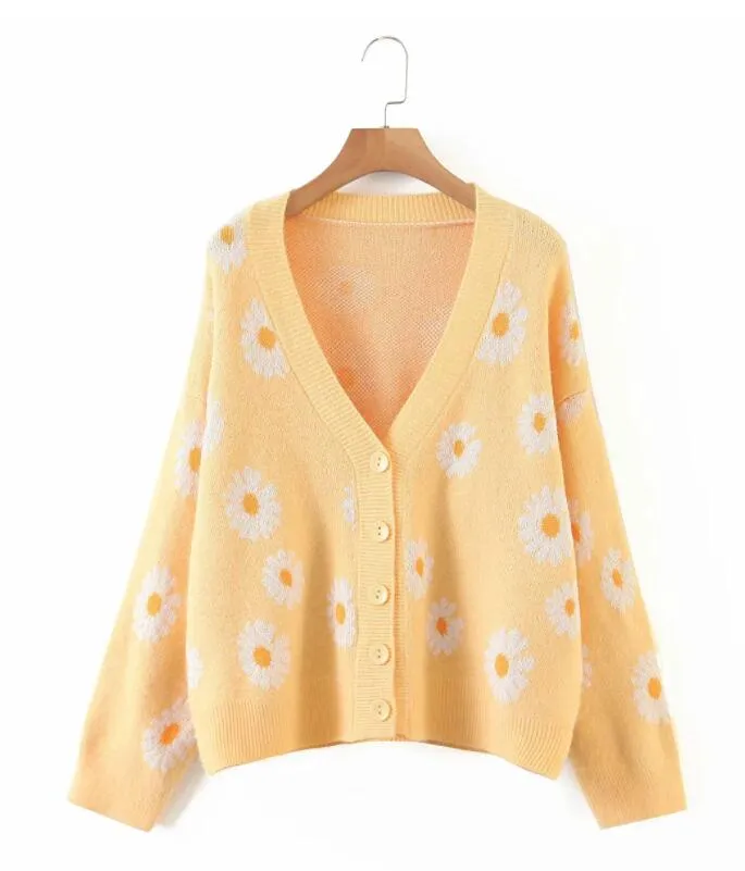 Joskaa Sweet Button Down Sweater Cardigan Women Loose Knit Coat Autumn Spring Casual Lady Long Sleeve V Neck Floral Outerwear Sweater