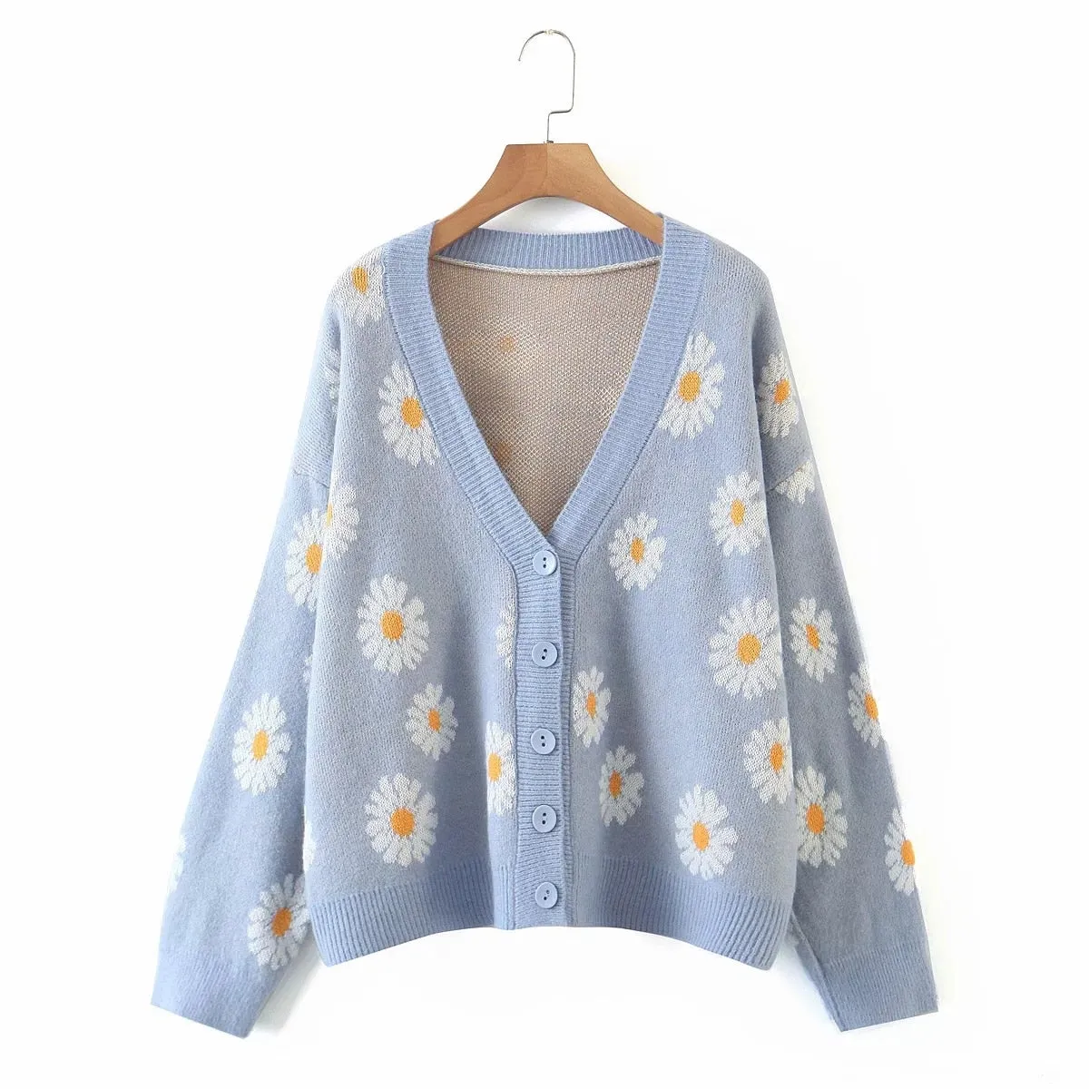 Joskaa Sweet Button Down Sweater Cardigan Women Loose Knit Coat Autumn Spring Casual Lady Long Sleeve V Neck Floral Outerwear Sweater