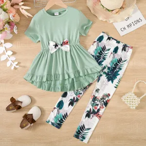 Kid Girl Bow Front Peplum Top and Plant Floral Pants Set Soft and Comfortable  Perfect for Outings and Daily Wear 2pcs