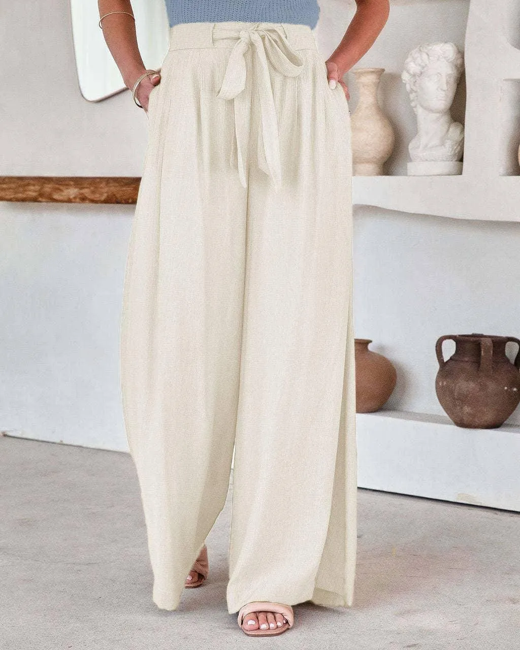 Ladies Solid Color High Waist Wide Leg Pants RX6607