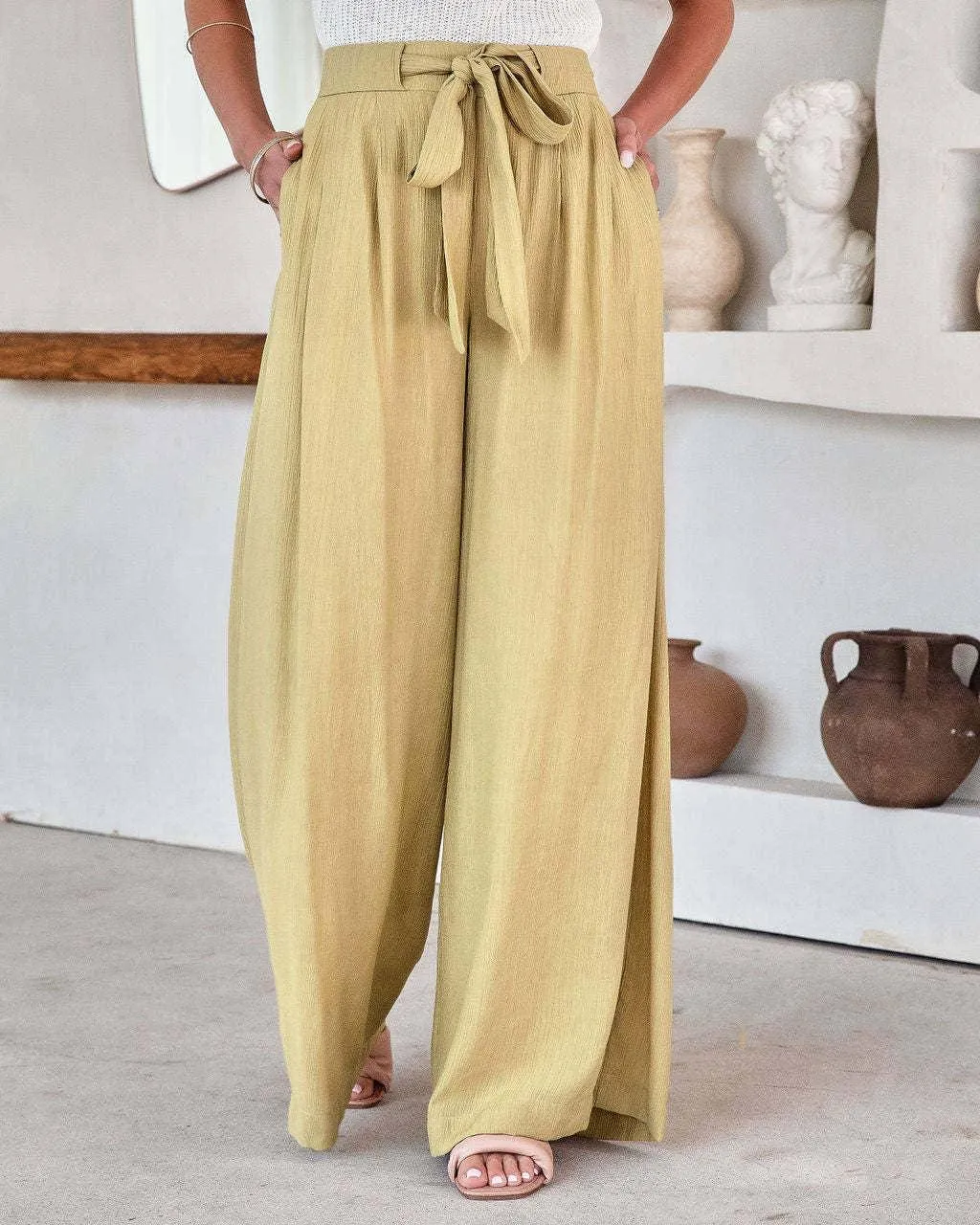 Ladies Solid Color High Waist Wide Leg Pants RX6607