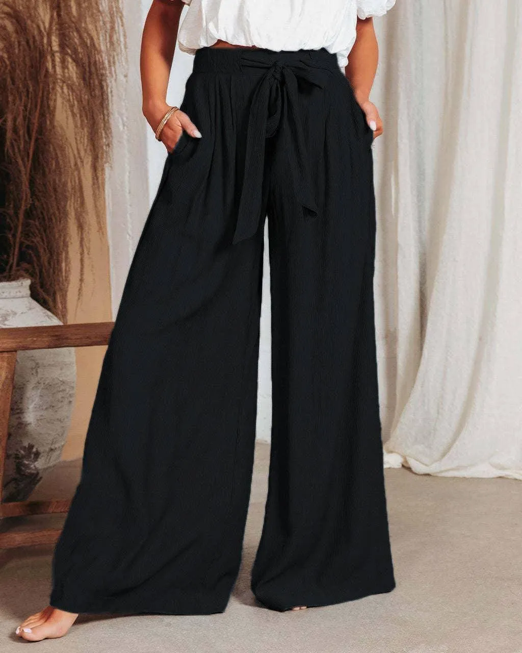 Ladies Solid Color High Waist Wide Leg Pants RX6607