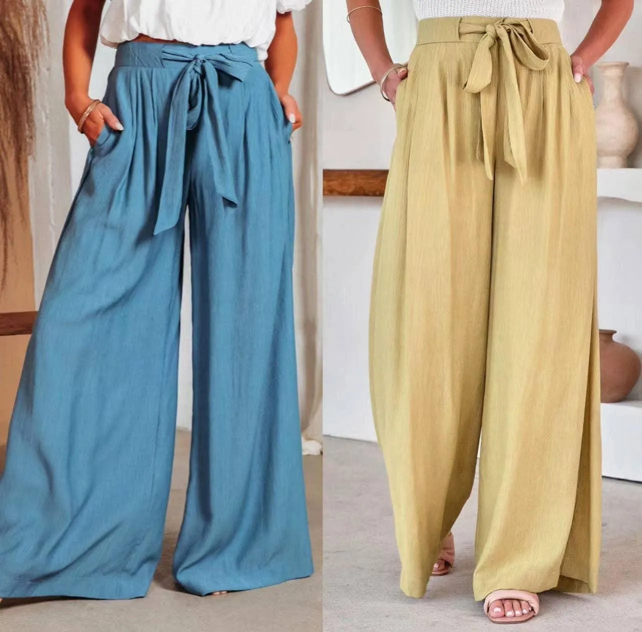 Ladies Solid Color High Waist Wide Leg Pants RX6607