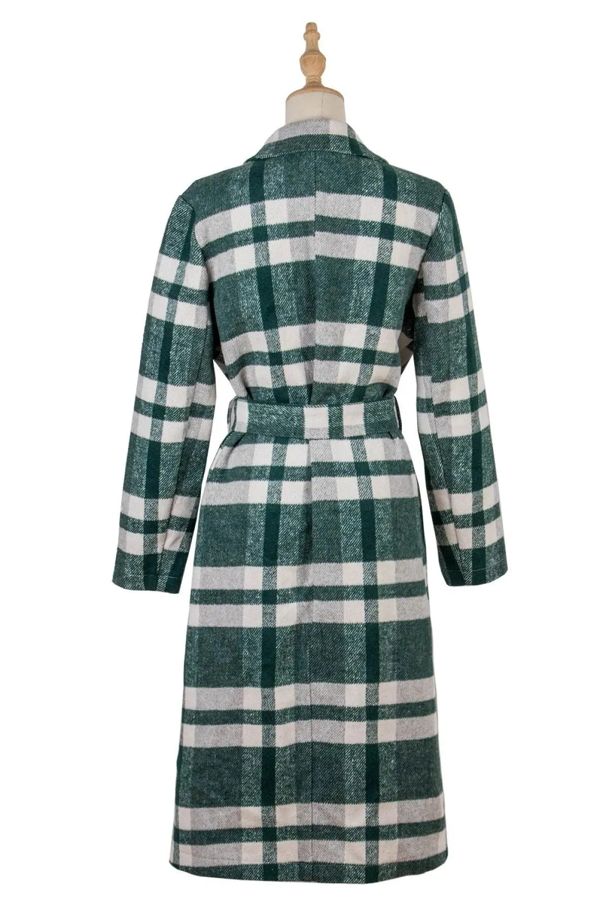 Lapel Neck Tie Waist Plaid Long Overcoat Green