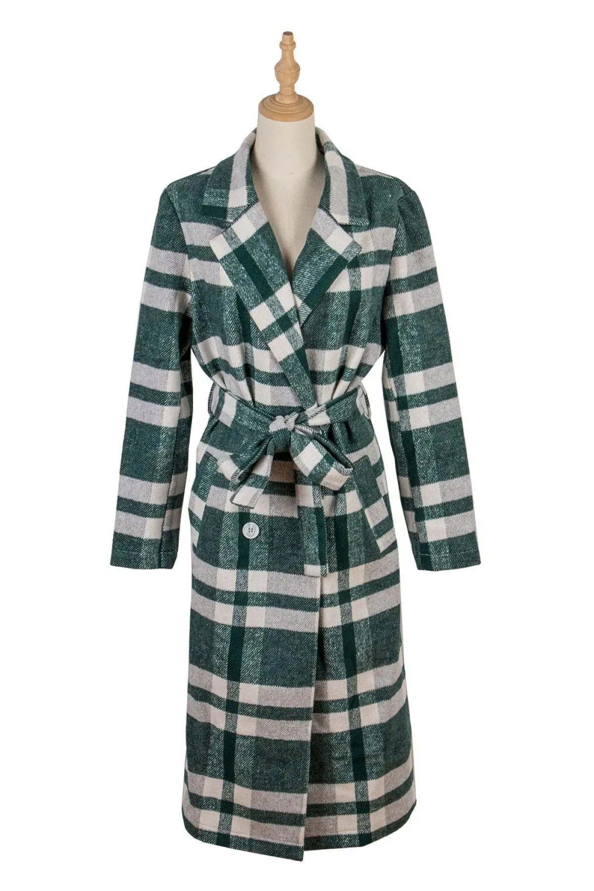 Lapel Neck Tie Waist Plaid Long Overcoat Green