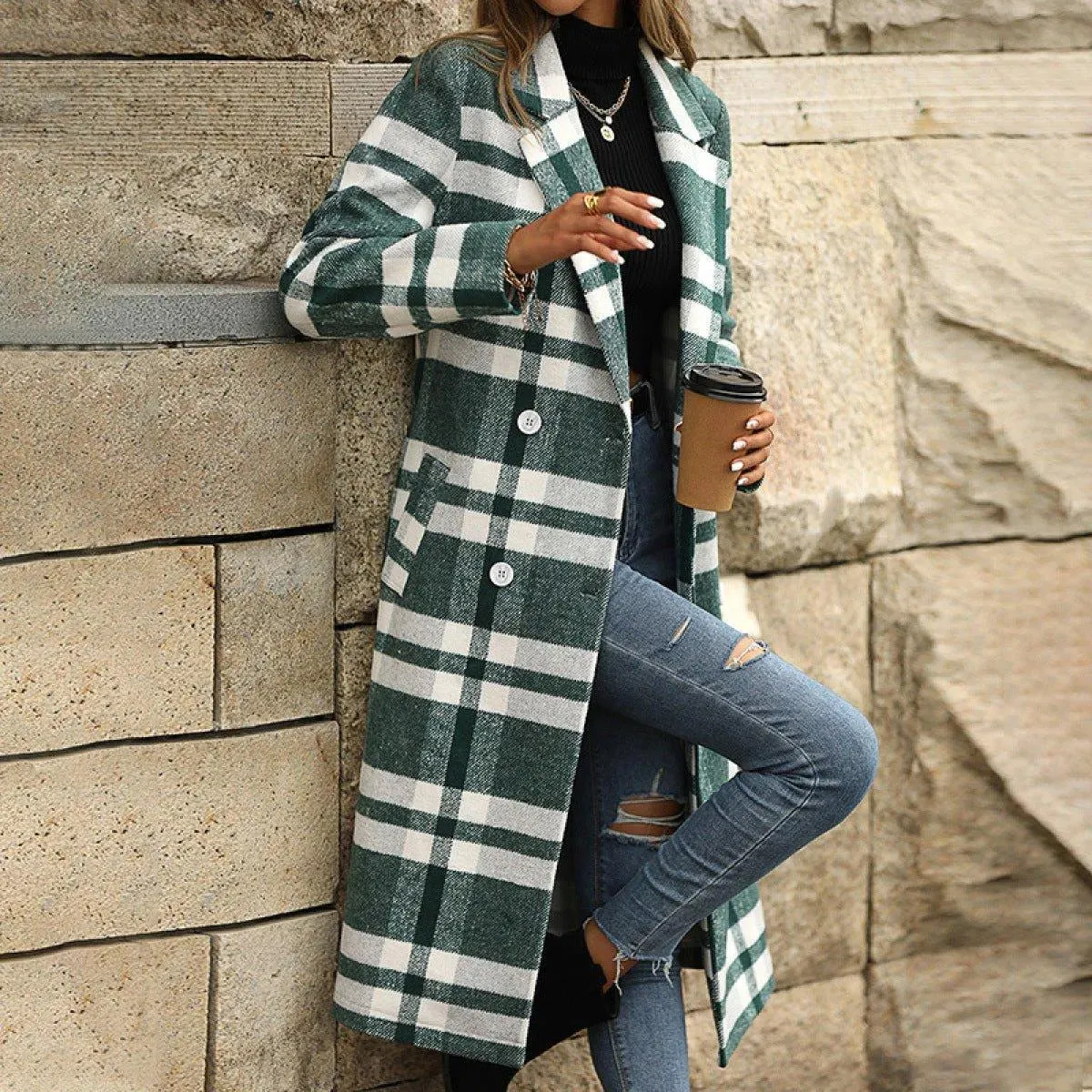 Lapel Neck Tie Waist Plaid Long Overcoat Green