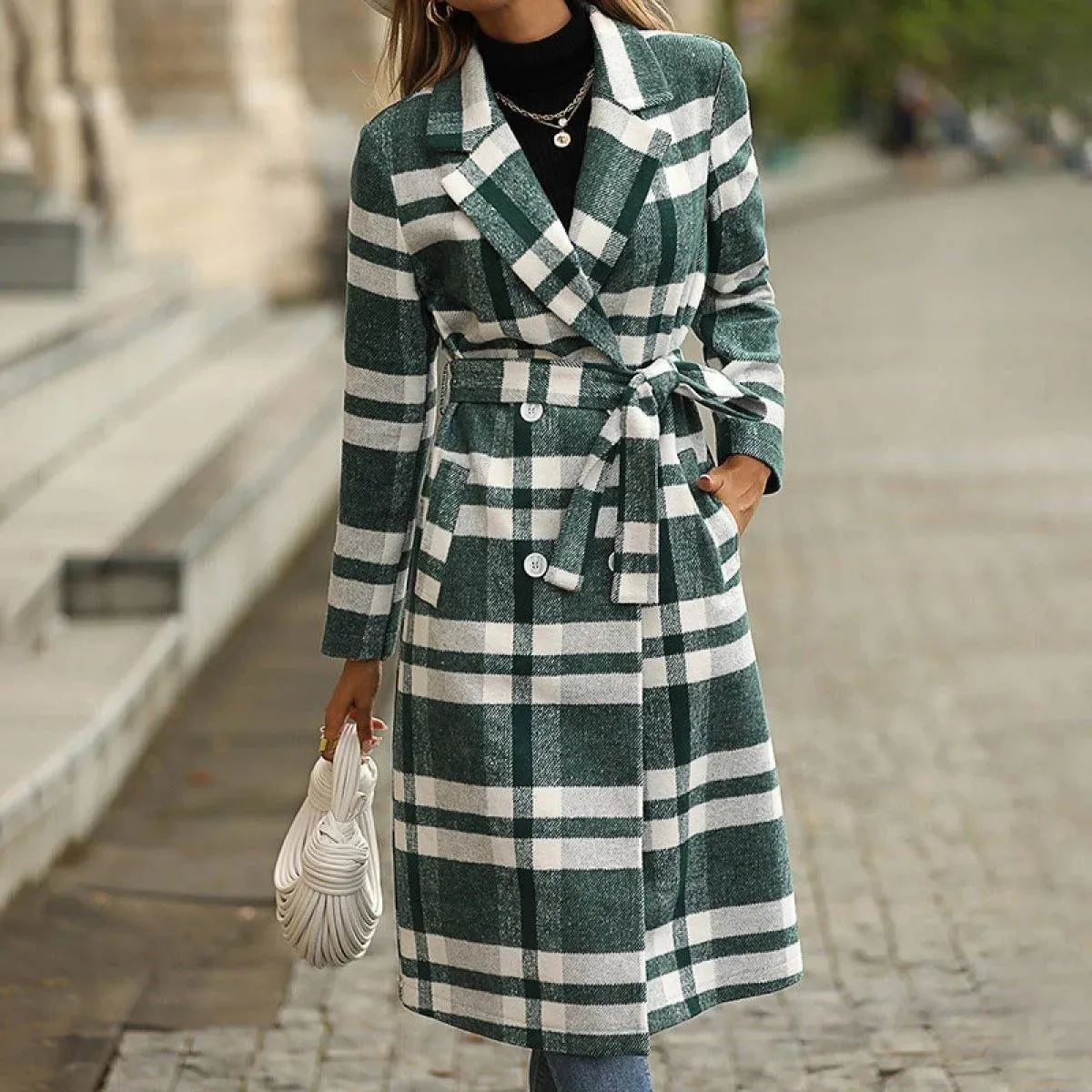 Lapel Neck Tie Waist Plaid Long Overcoat Green