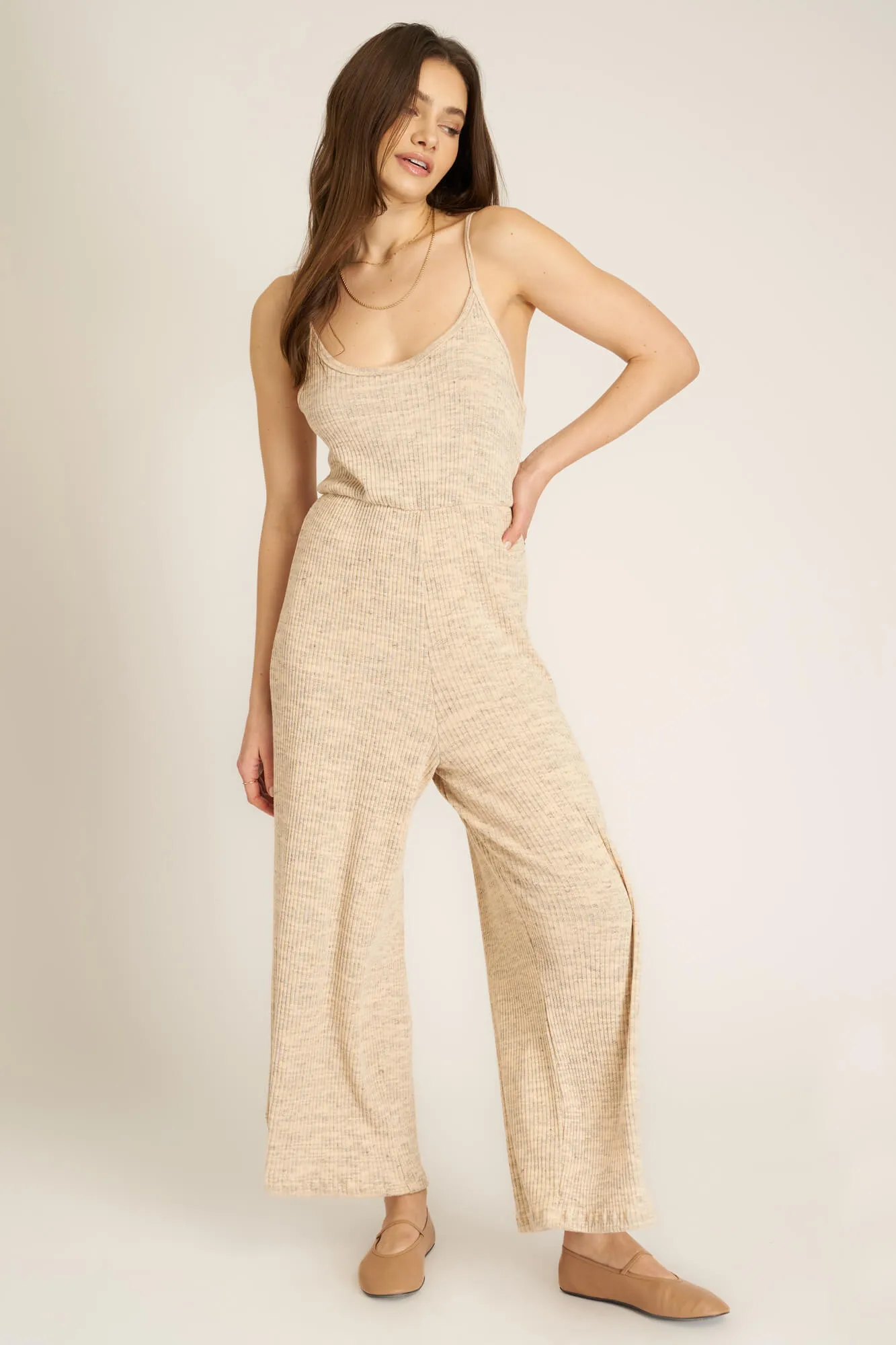 Last Dance Twist Back Sweater Rib Jumpsuit - Mother of Pearl