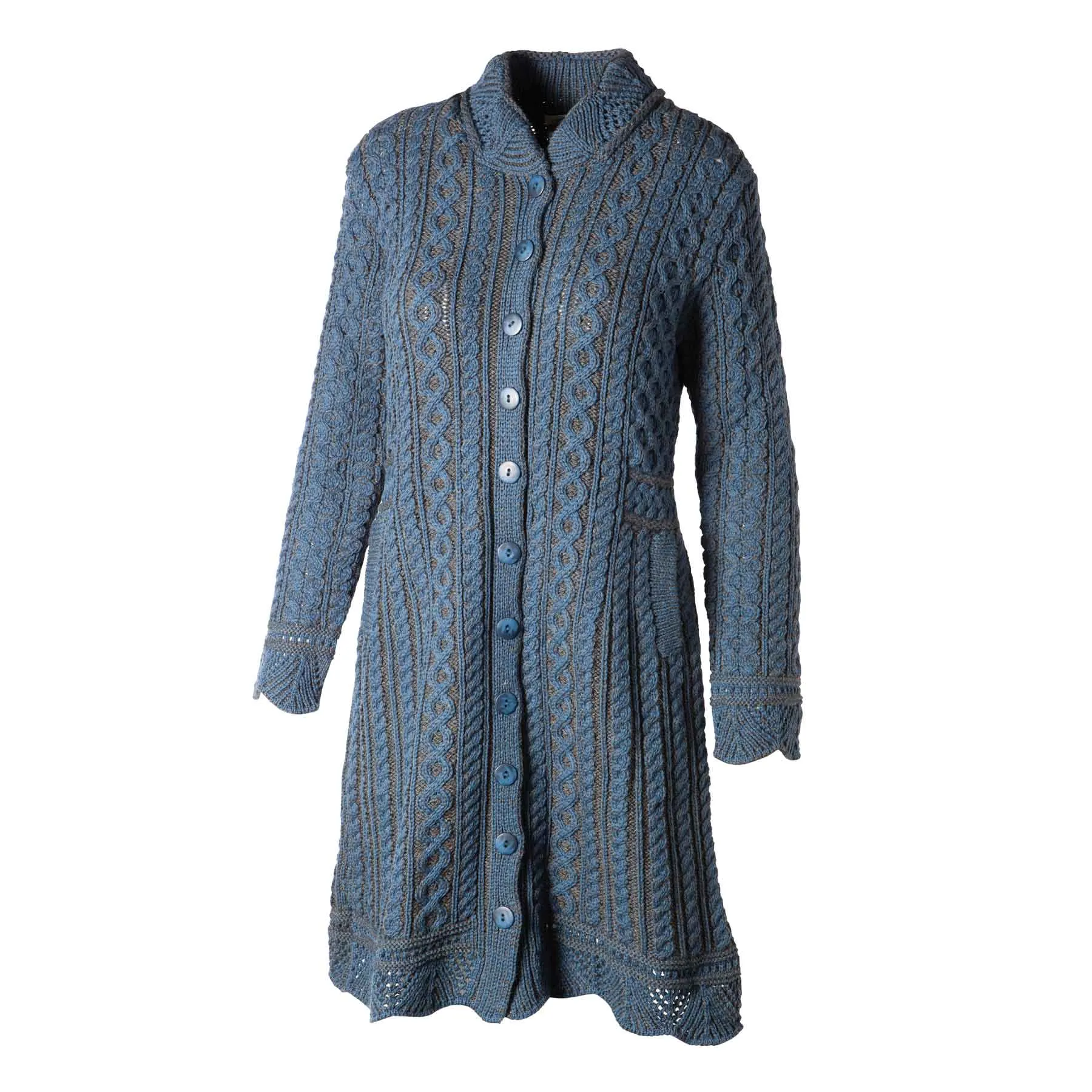 Leitrim Aran Knit Long Button Coat Cardigan - 100% Merino Wool