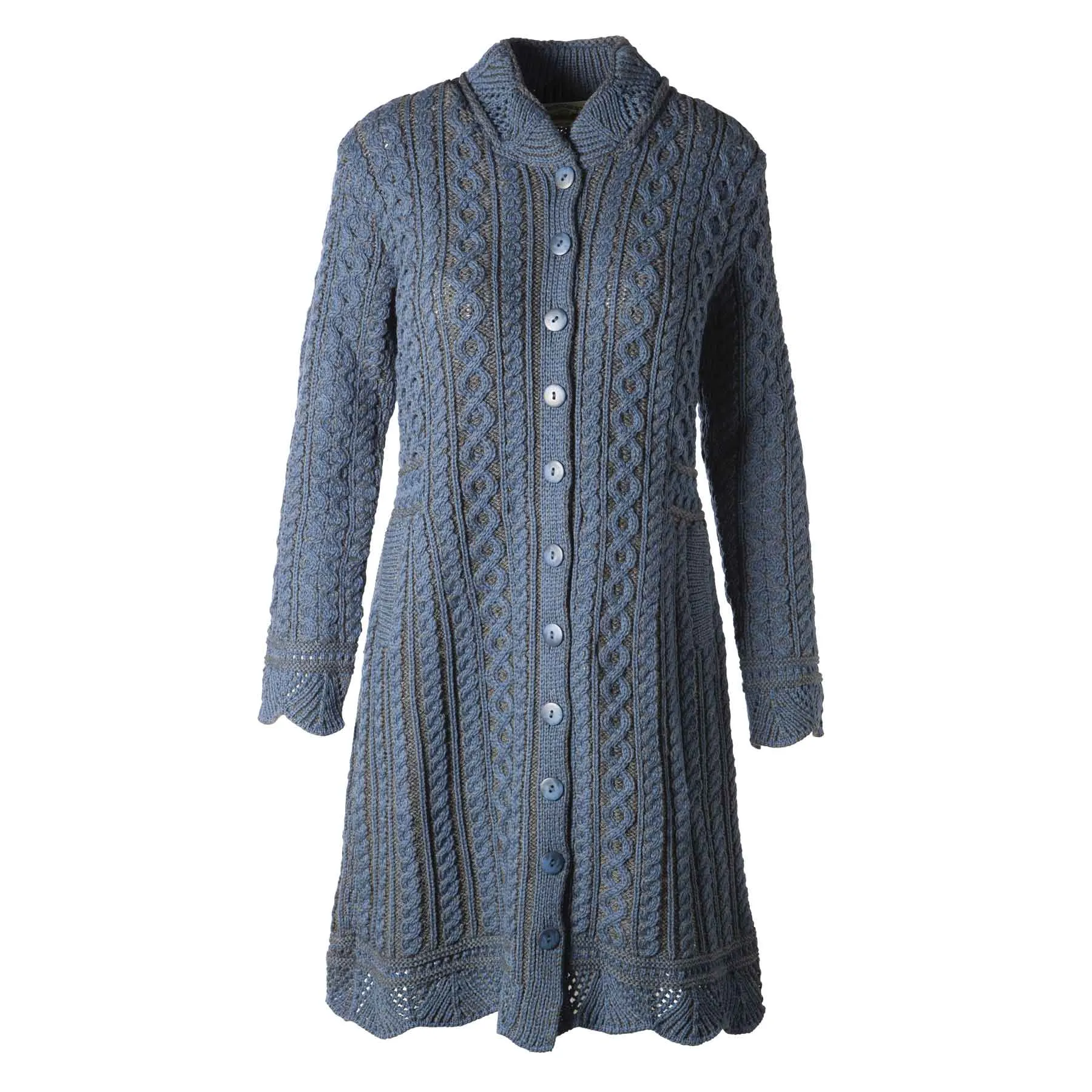 Leitrim Aran Knit Long Button Coat Cardigan - 100% Merino Wool