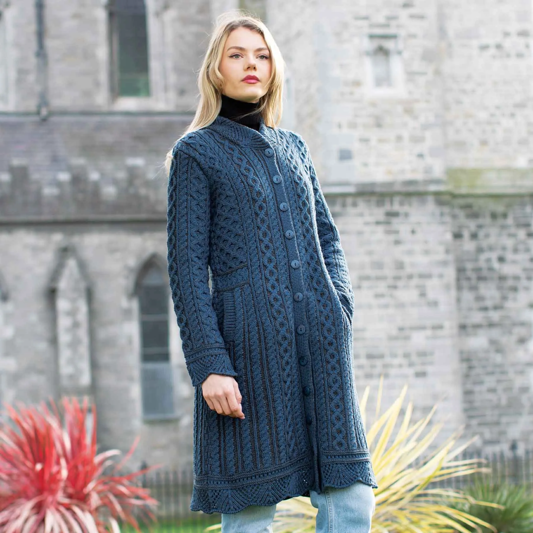 Leitrim Aran Knit Long Button Coat Cardigan - 100% Merino Wool