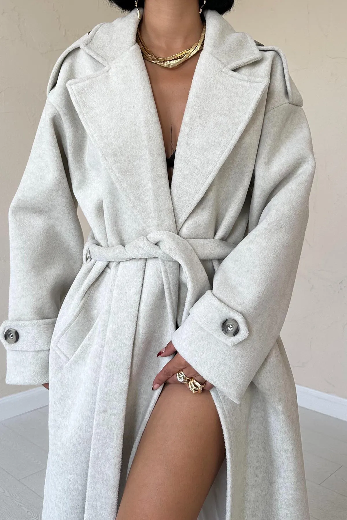 Light Grey Wide Notch Lapel Cashmere Belted Winter Coat