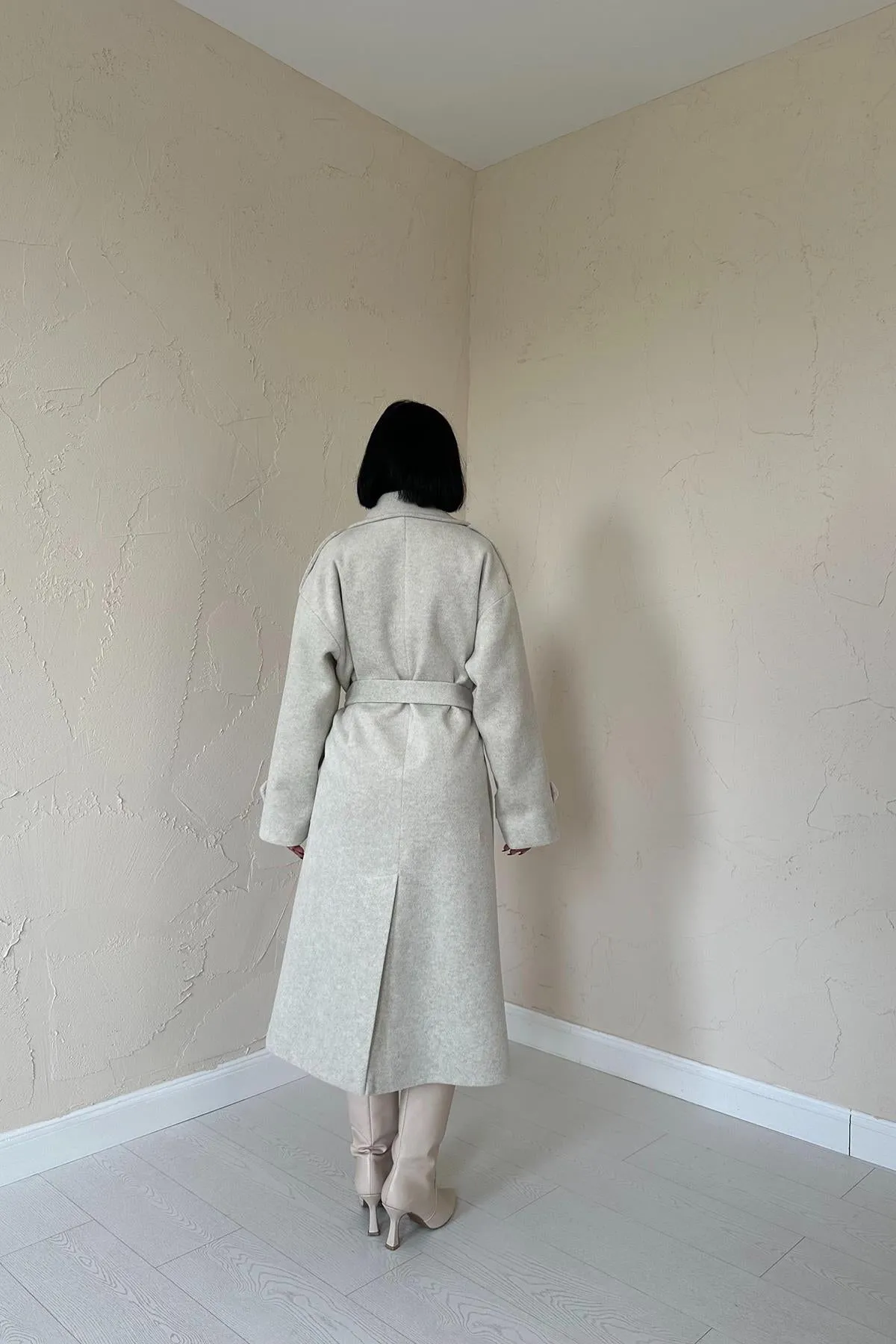 Light Grey Wide Notch Lapel Cashmere Belted Winter Coat