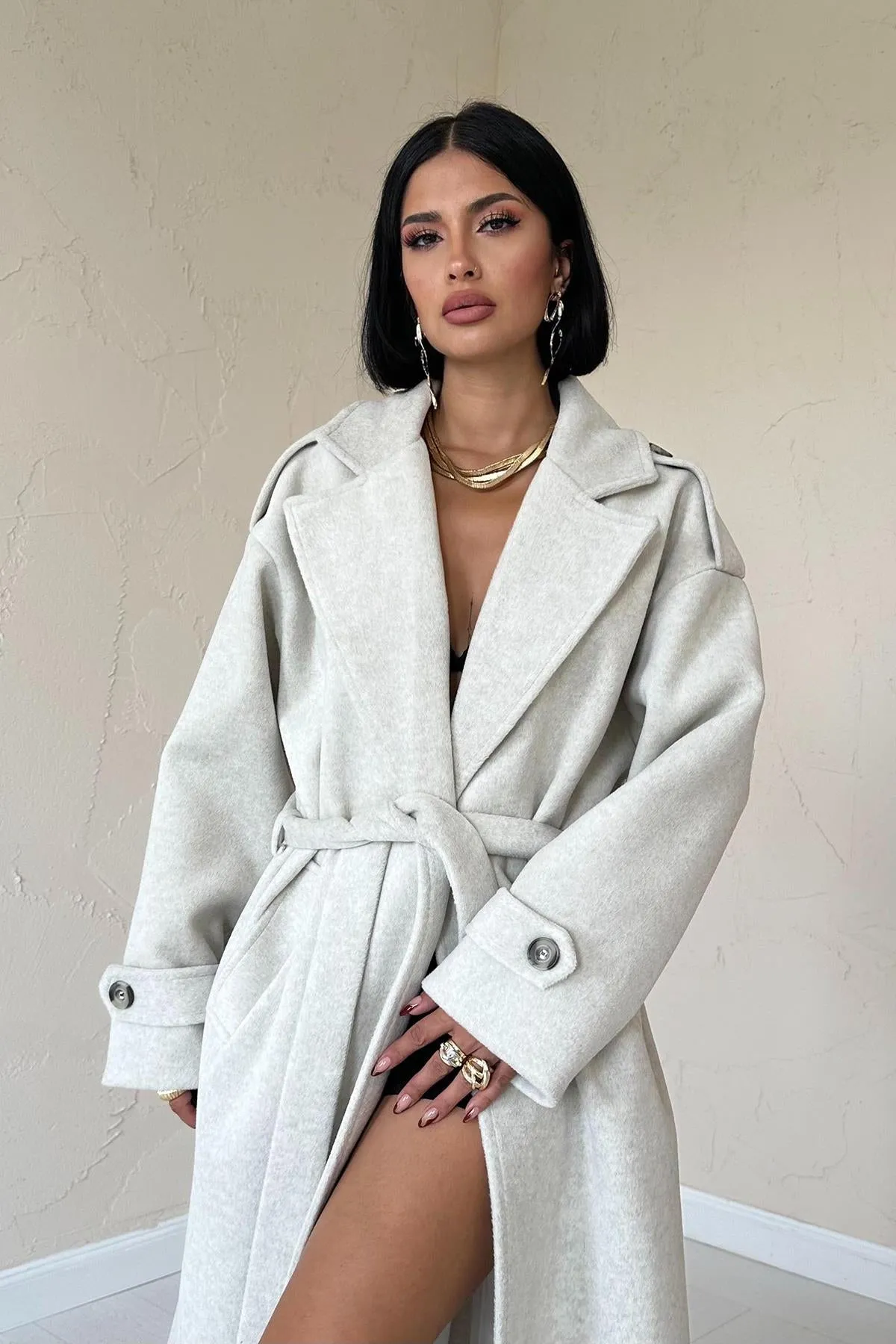 Light Grey Wide Notch Lapel Cashmere Belted Winter Coat