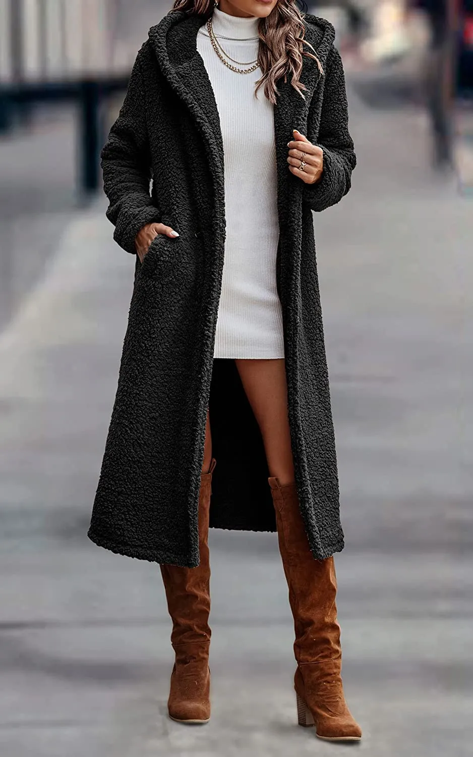 Light Weight | Single Layer Women's Fuzzy Fleece Cardigan Coat | Faux Fur Lapel Front Open Warm Winter Outwear Jackets.