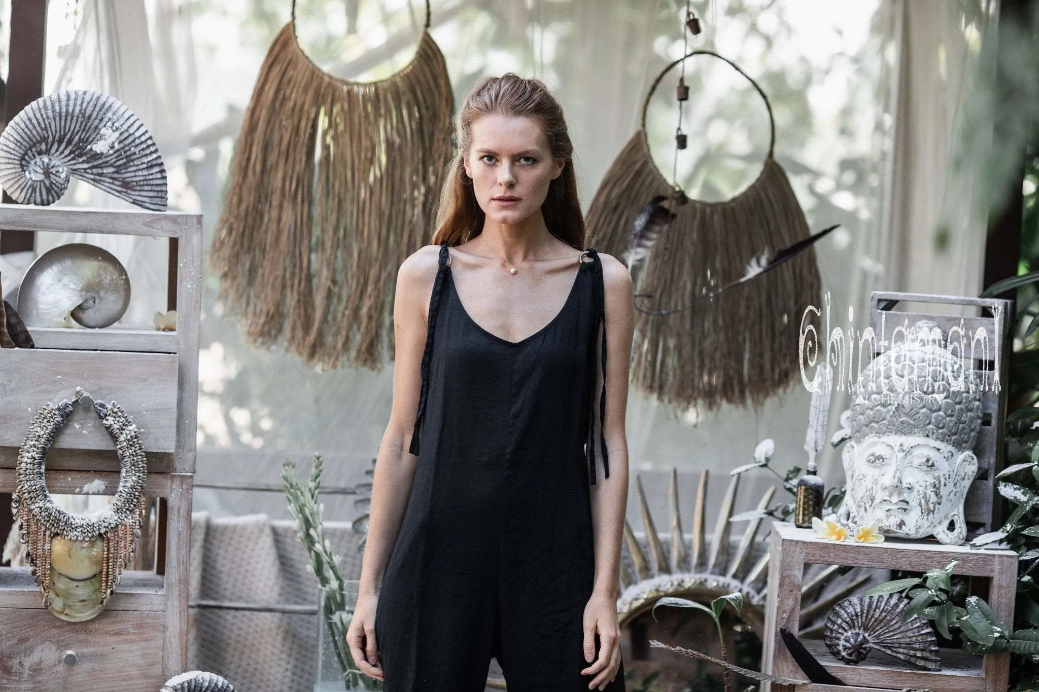 Long Linen Jumpsuit for Women / Maxi Overalls with Back Zip / Black